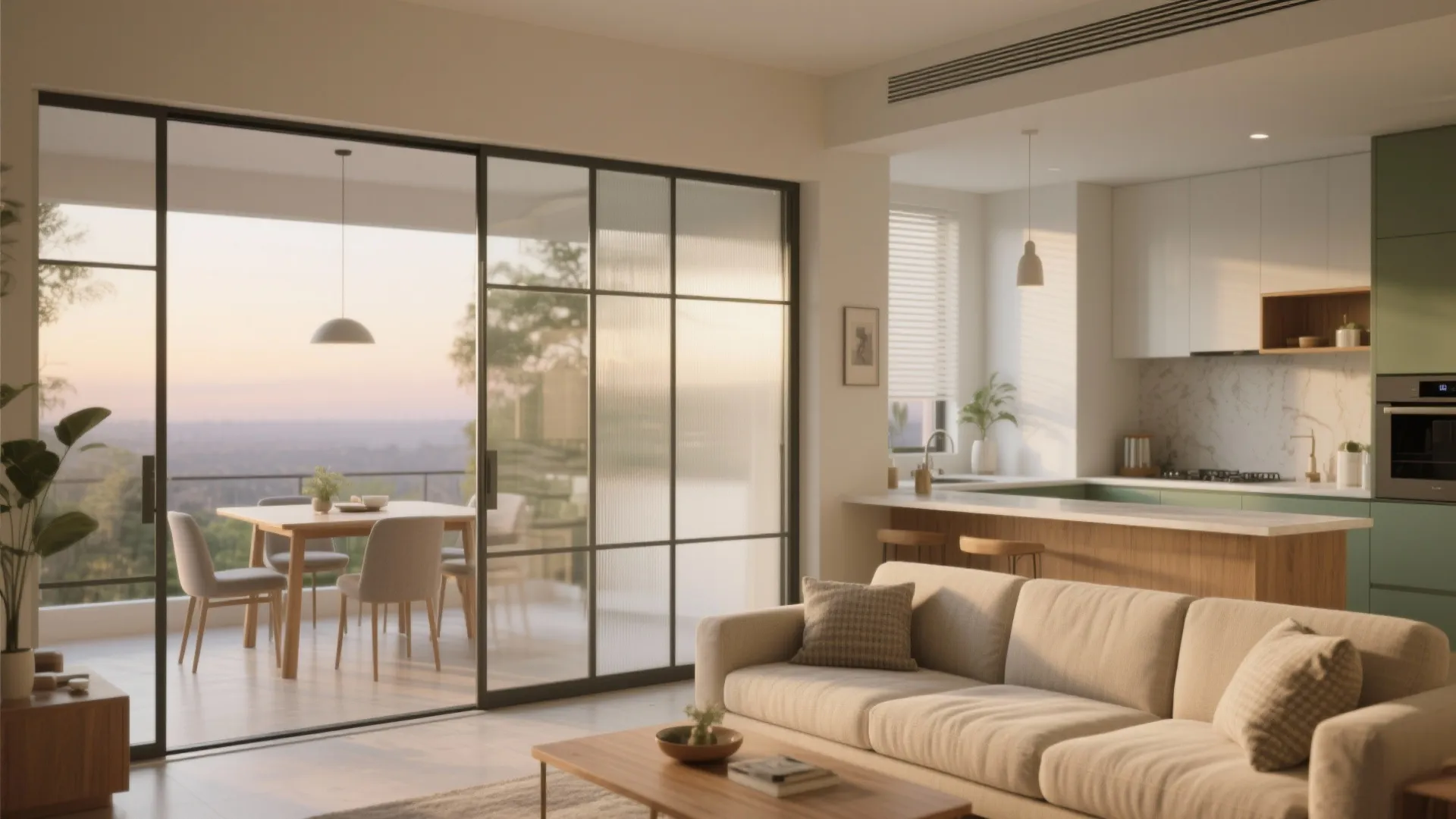 1) Flexible open-plan living with sliding partitions