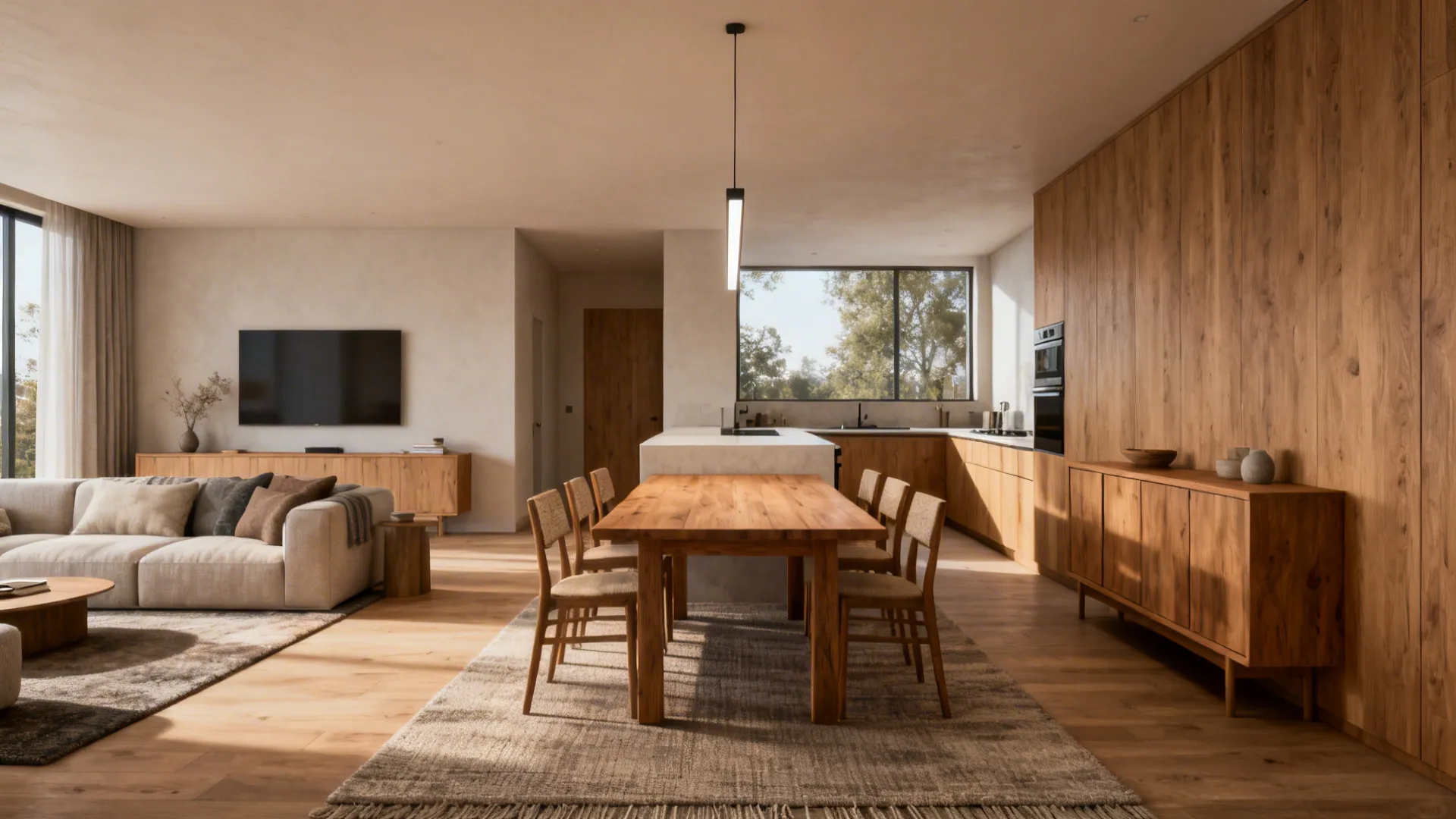 Open-plan dining area with a 72x38 table, rug zoning, linear pendant, and clear passage to the kitchen.