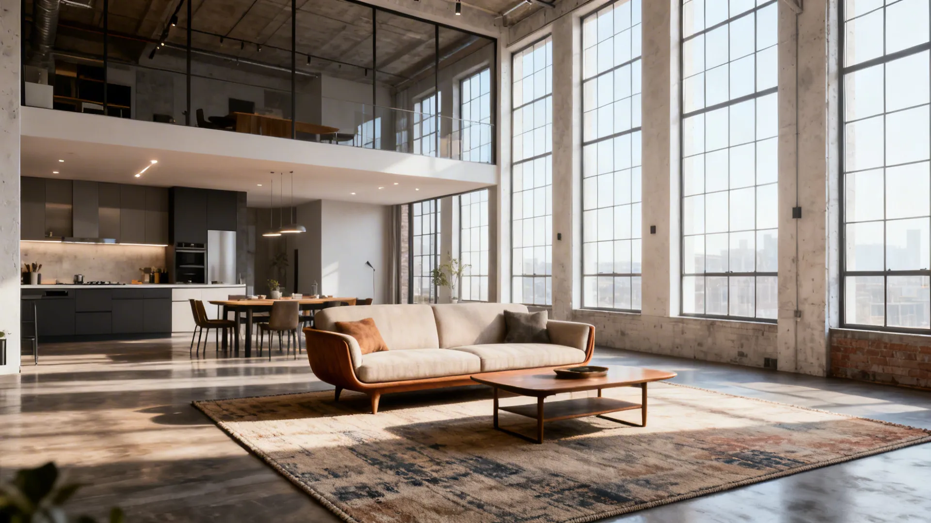 Open-plan loft where an 8x10 rug creates a distinct living zone within a larger space