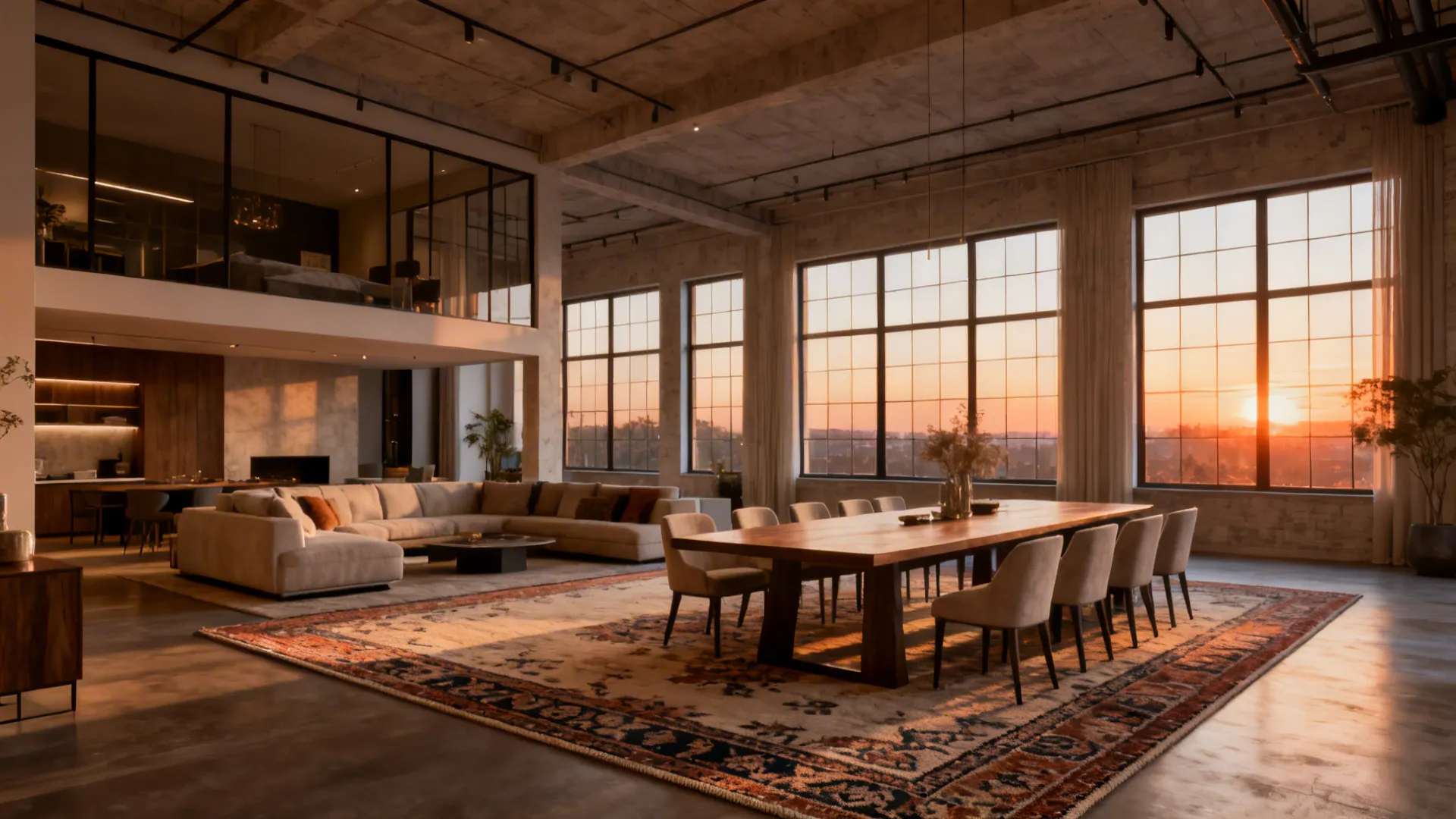 Open-plan loft with a 9x12 rug defining living and dining zones