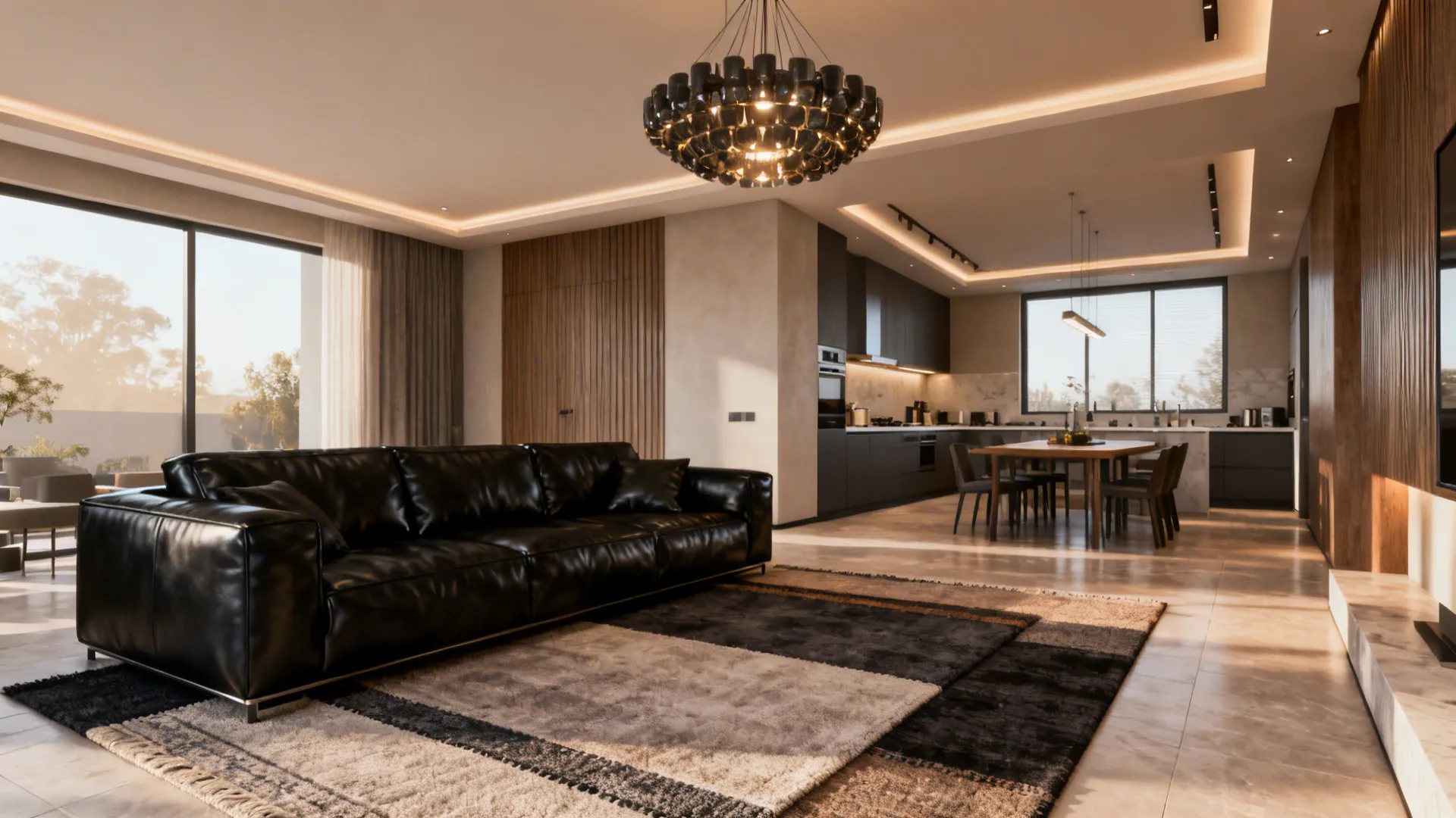 Open-plan living room where a black leather sofa is anchored by layered rugs and a pendant light