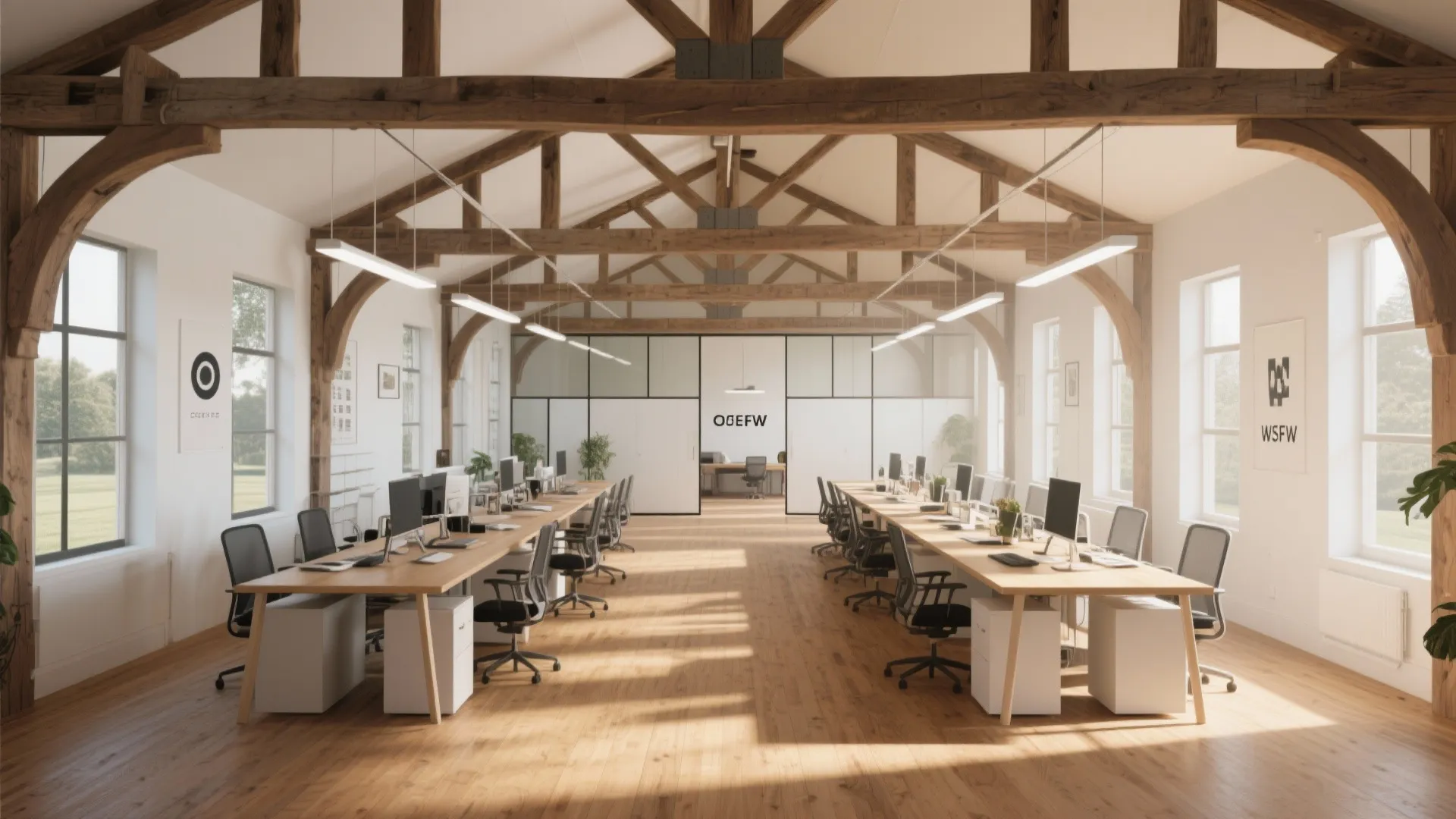 Spacious open plan office featuring wooden roof beams long desks white walls and natural light