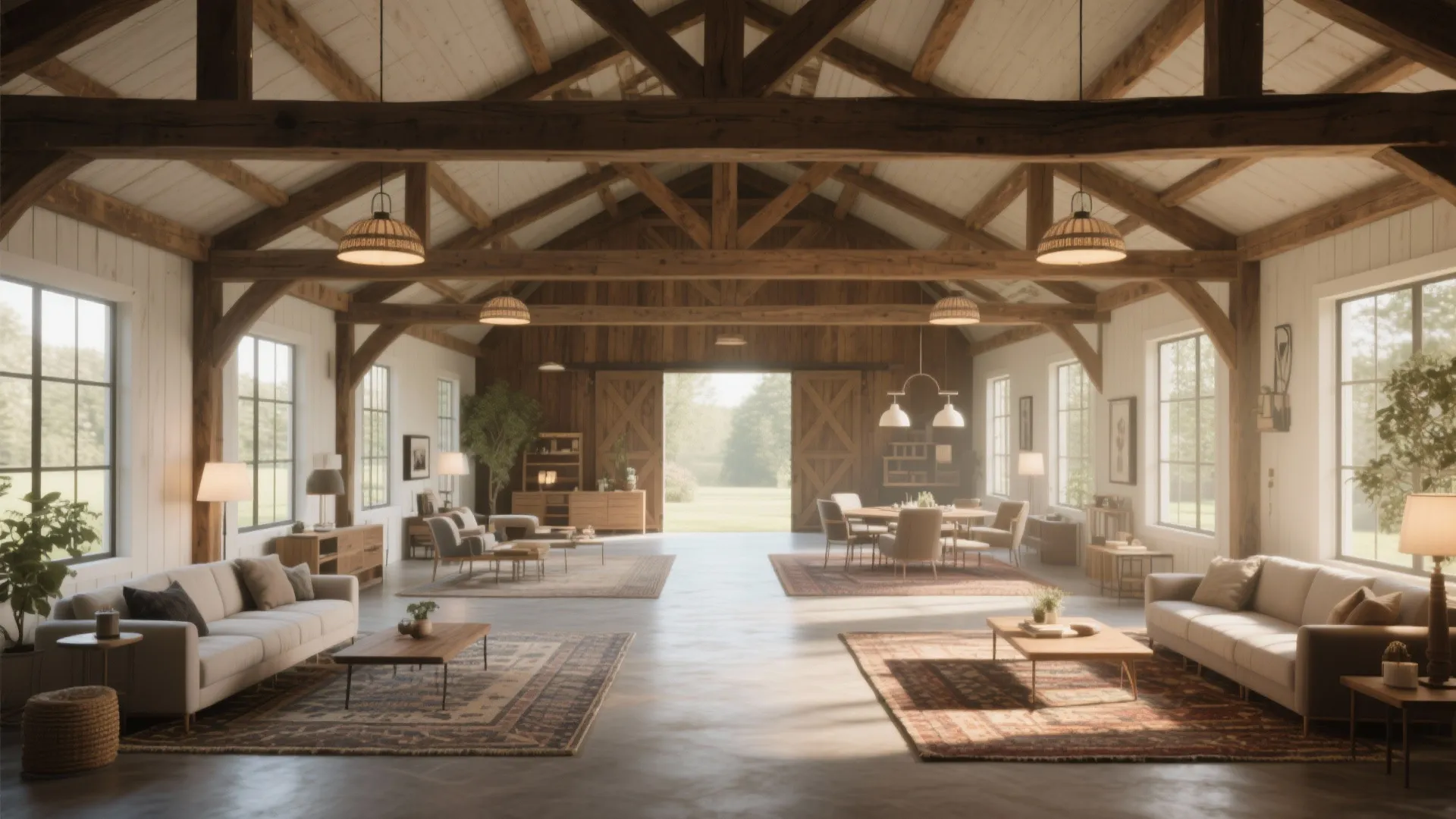 Open-plan barn layout using rugs and lighting to define zones