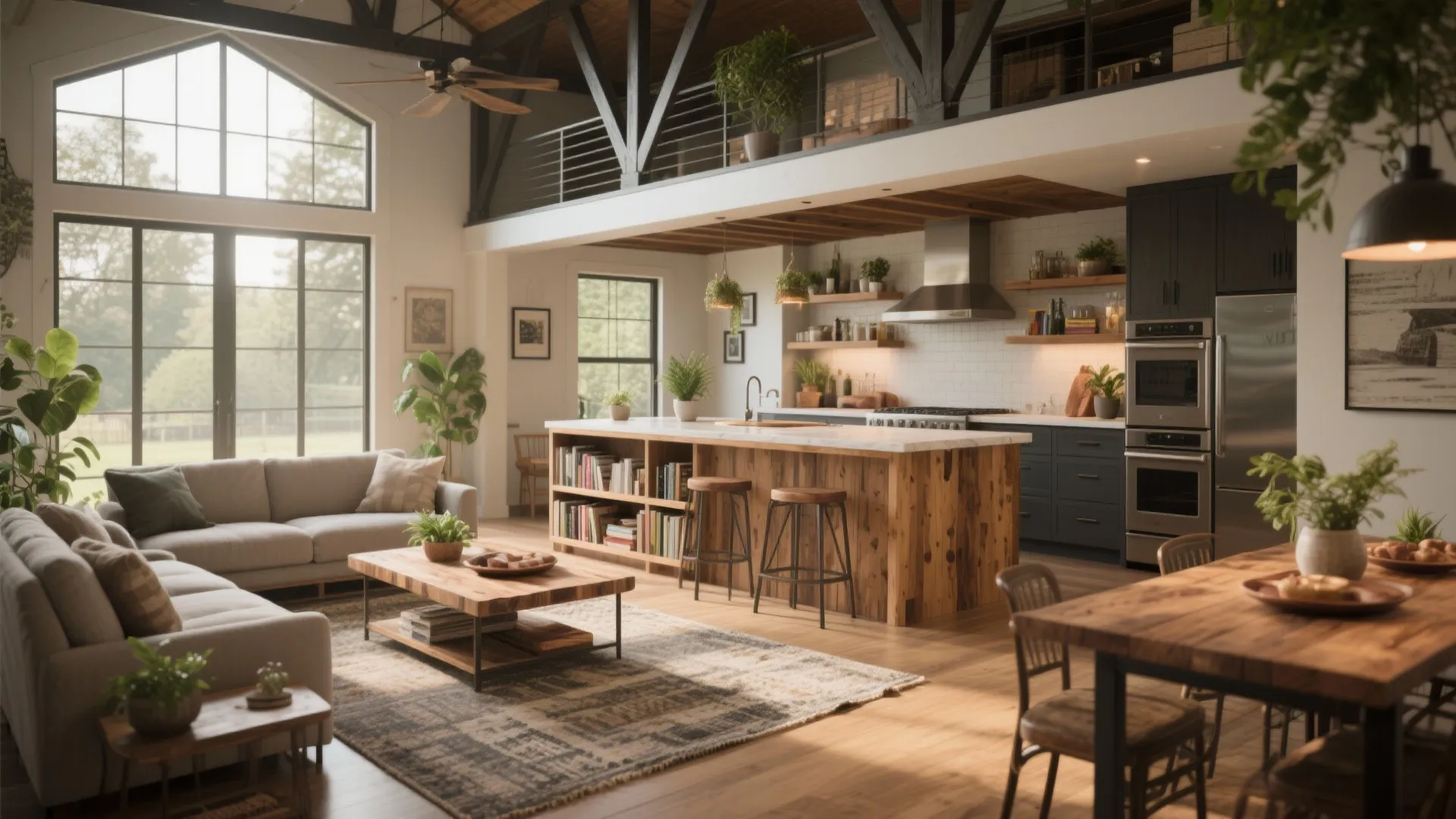 Modern open plan living room and kitchen area with wooden floors plus high ceilings and windows
