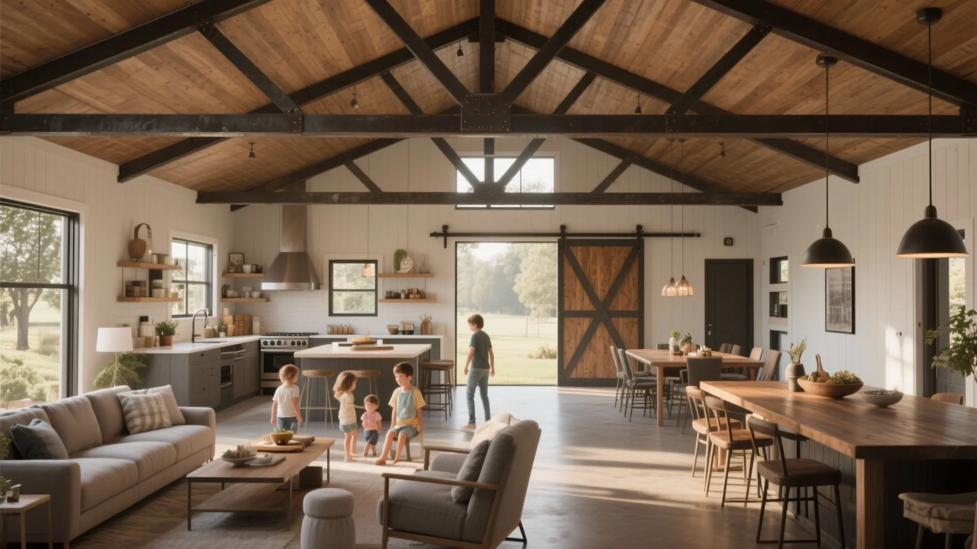 Large open living room with wood ceiling beams grey sofa dining table and children playing