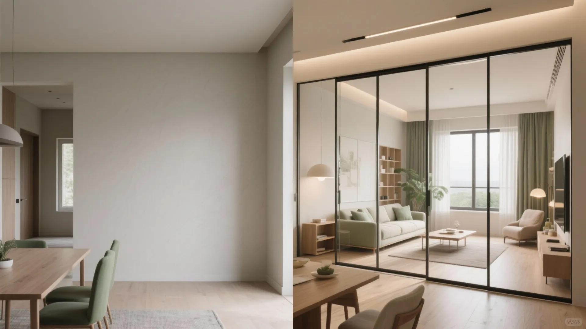 Open-plan core with sliding glass: living, dining, and a convertible third room