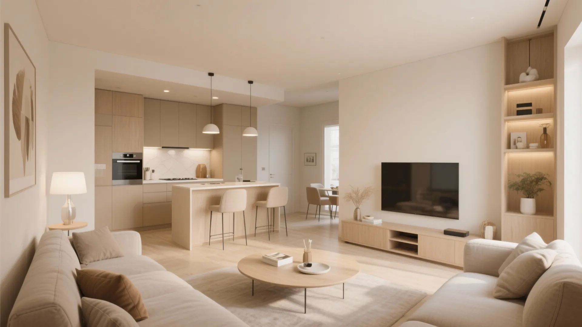 Modern open plan living room including kitchen island wood cabinets television stand and neutral sofa set