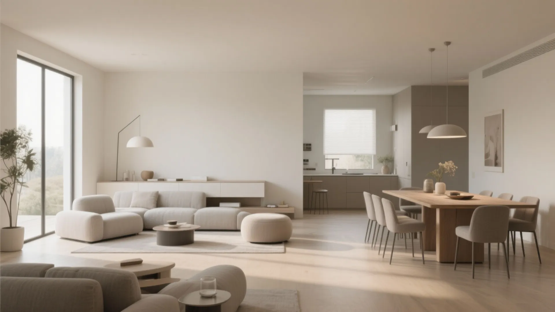 Modern open plan living room with beige sofa wood dining table ceiling lights and large windows
