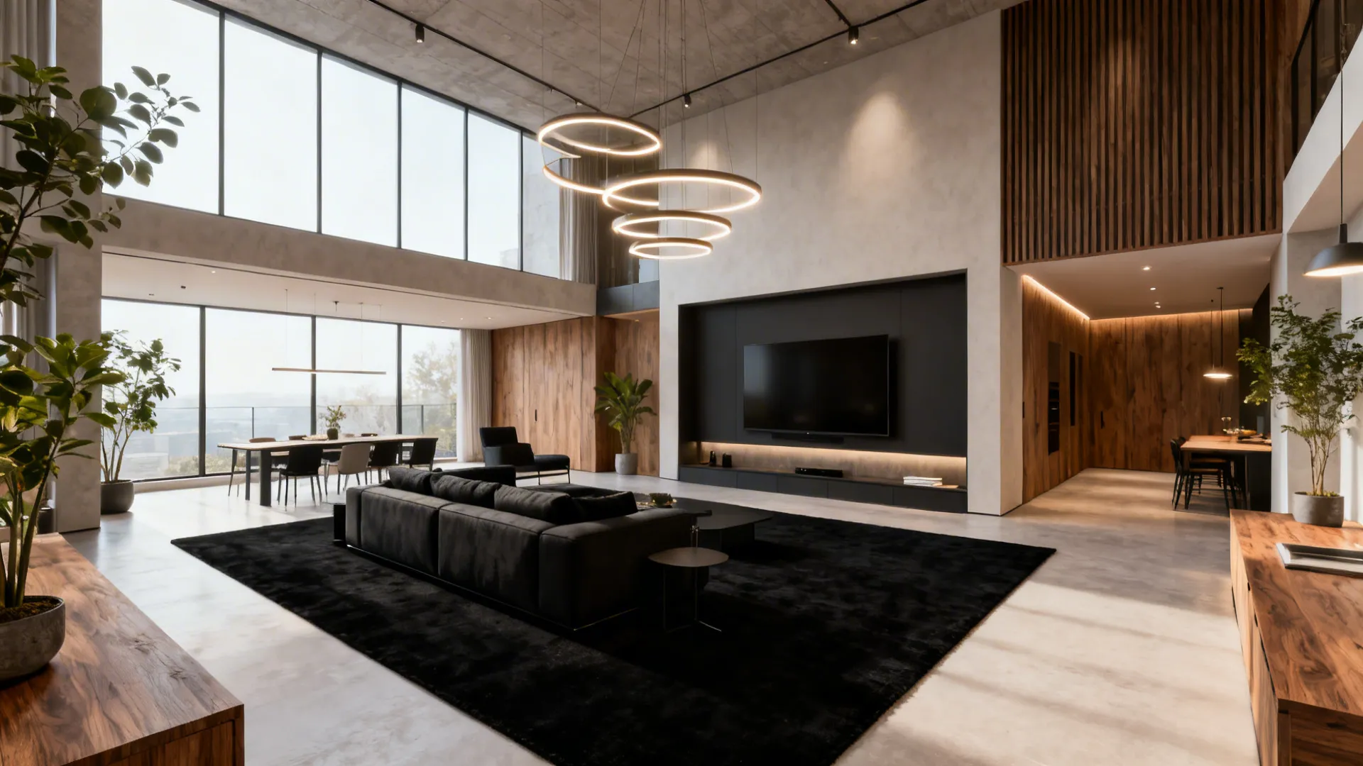 Open-plan loft with a large black rug defining the seating area and bright windows