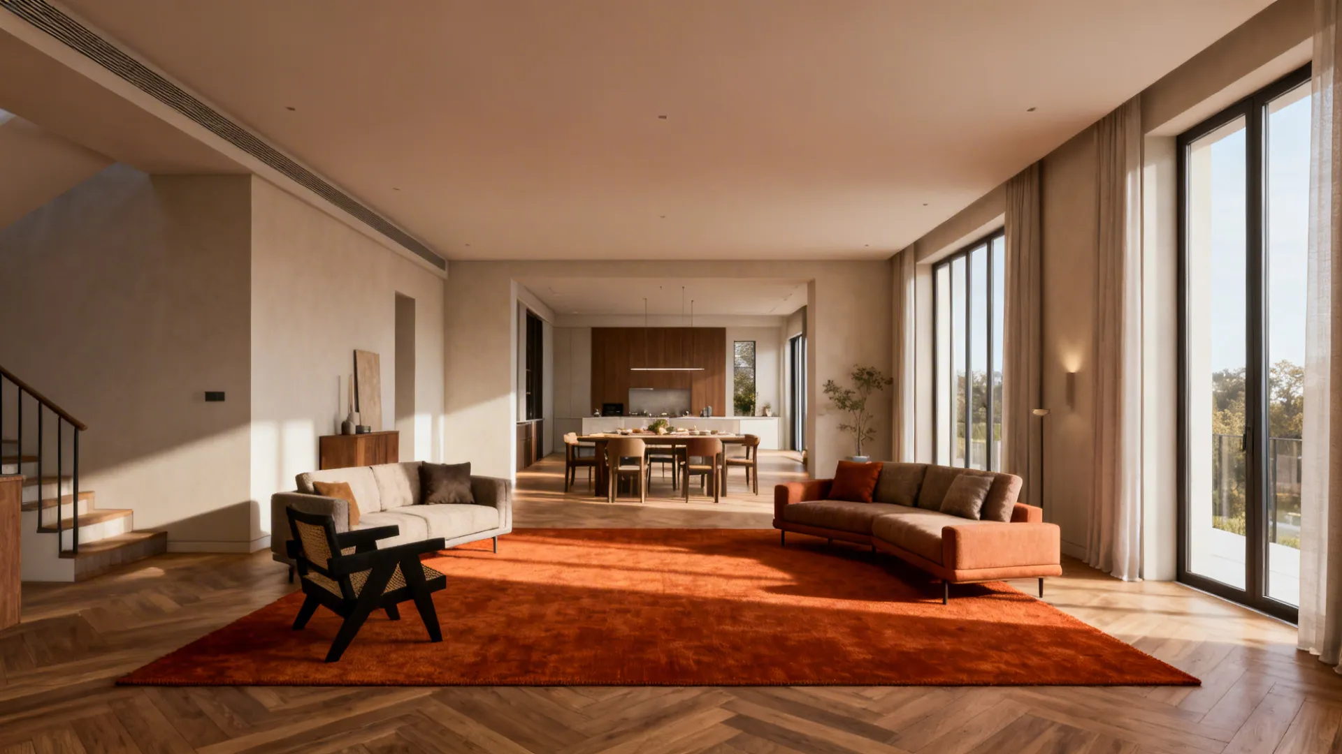 Open-plan interior where a burnt orange rug defines the living area and guides furniture groupings.