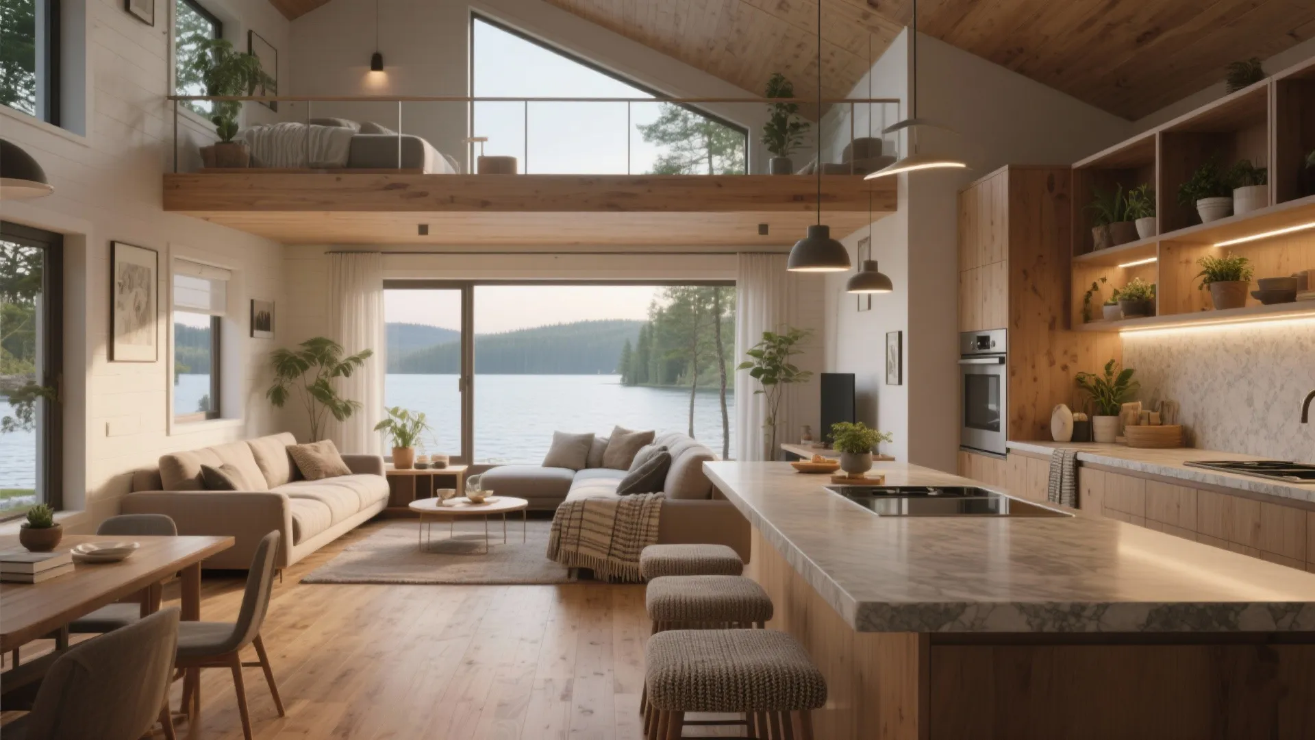 Open plan cabin interior with kitchen island sofa bed loft and large window facing lake