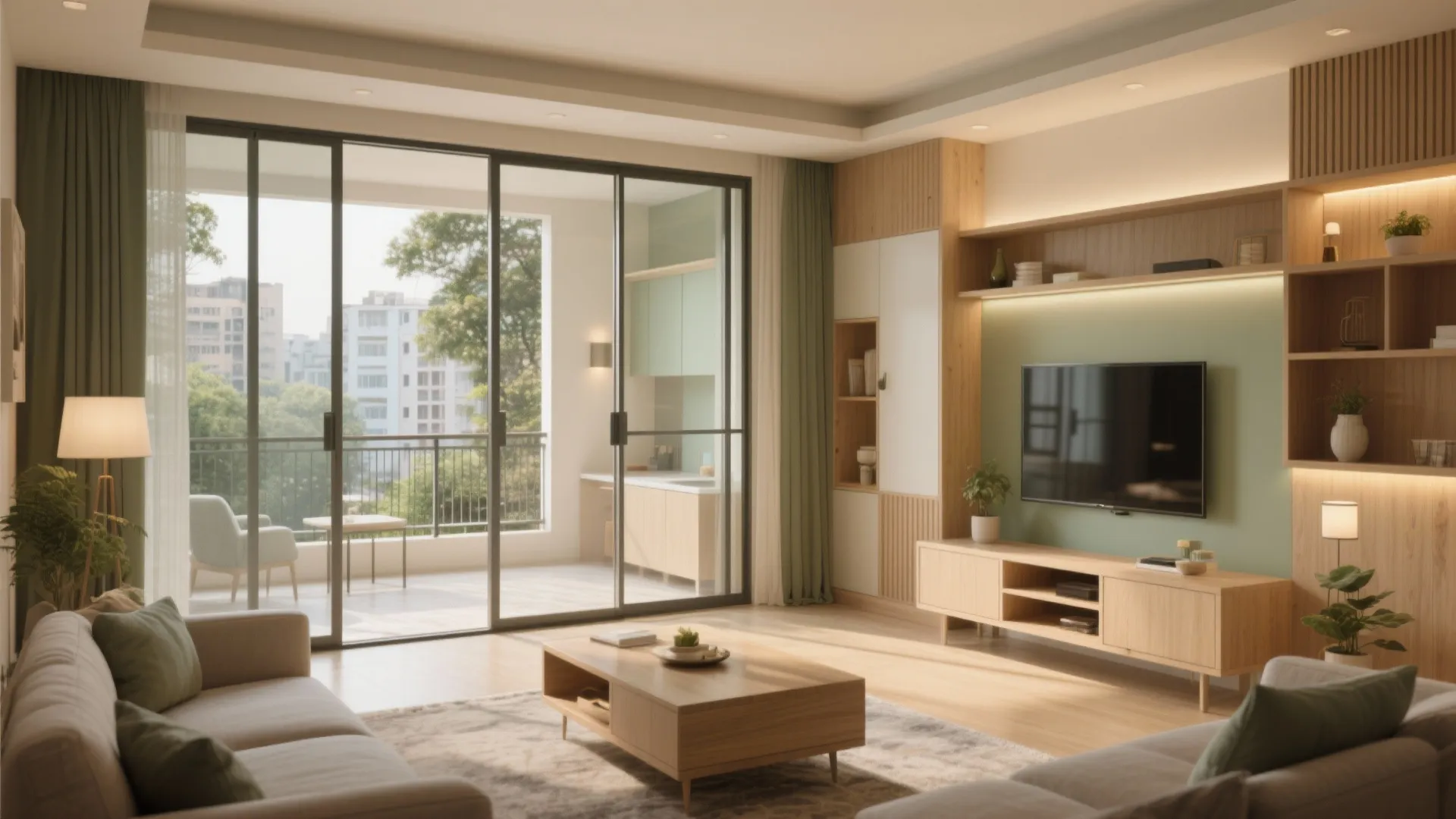 Open-plan core with sliding glass: living, dining, and a convertible third room