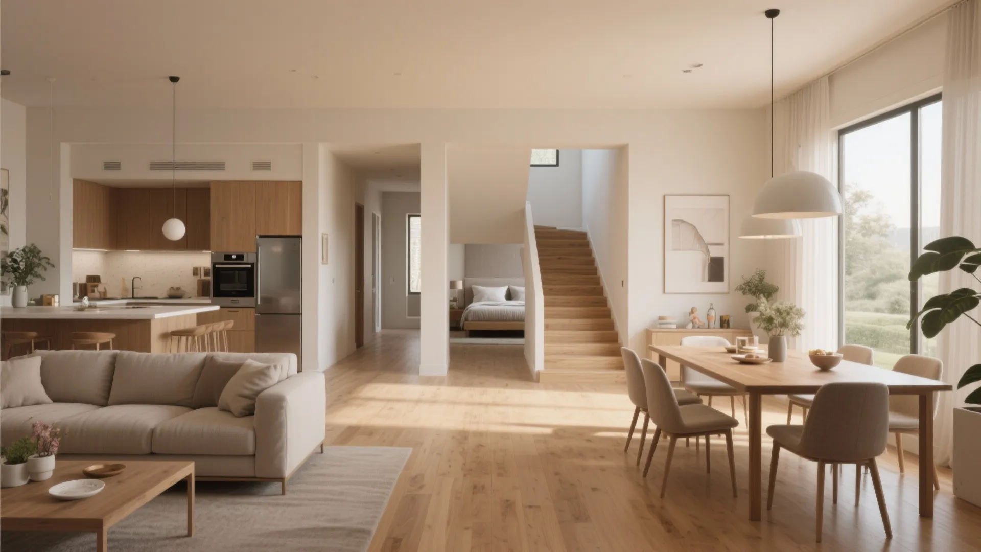 Airy open-plan living, dining and kitchen with clear circulation and a short hallway to bedroom wing.