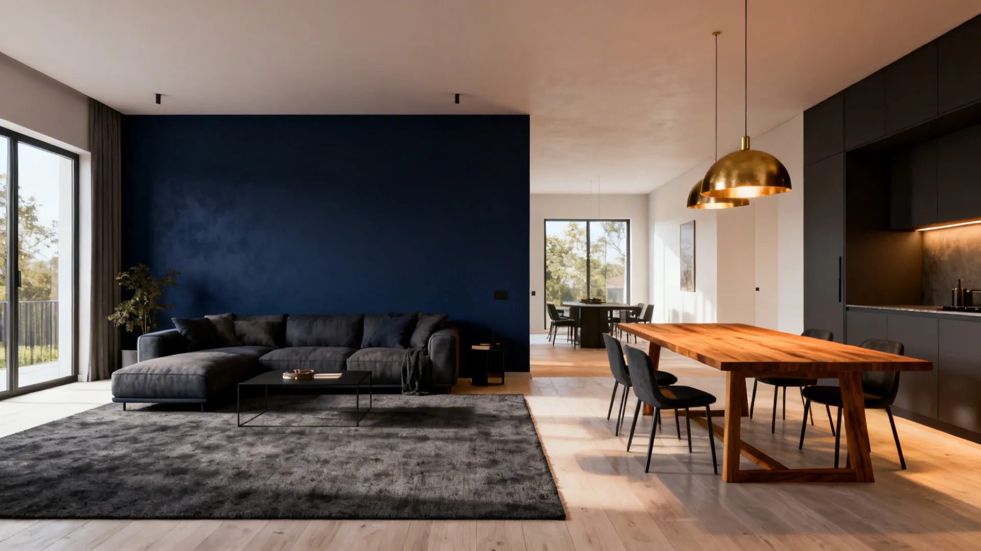 Open-plan living and dining with navy accent wall and darker rug defining seating zone