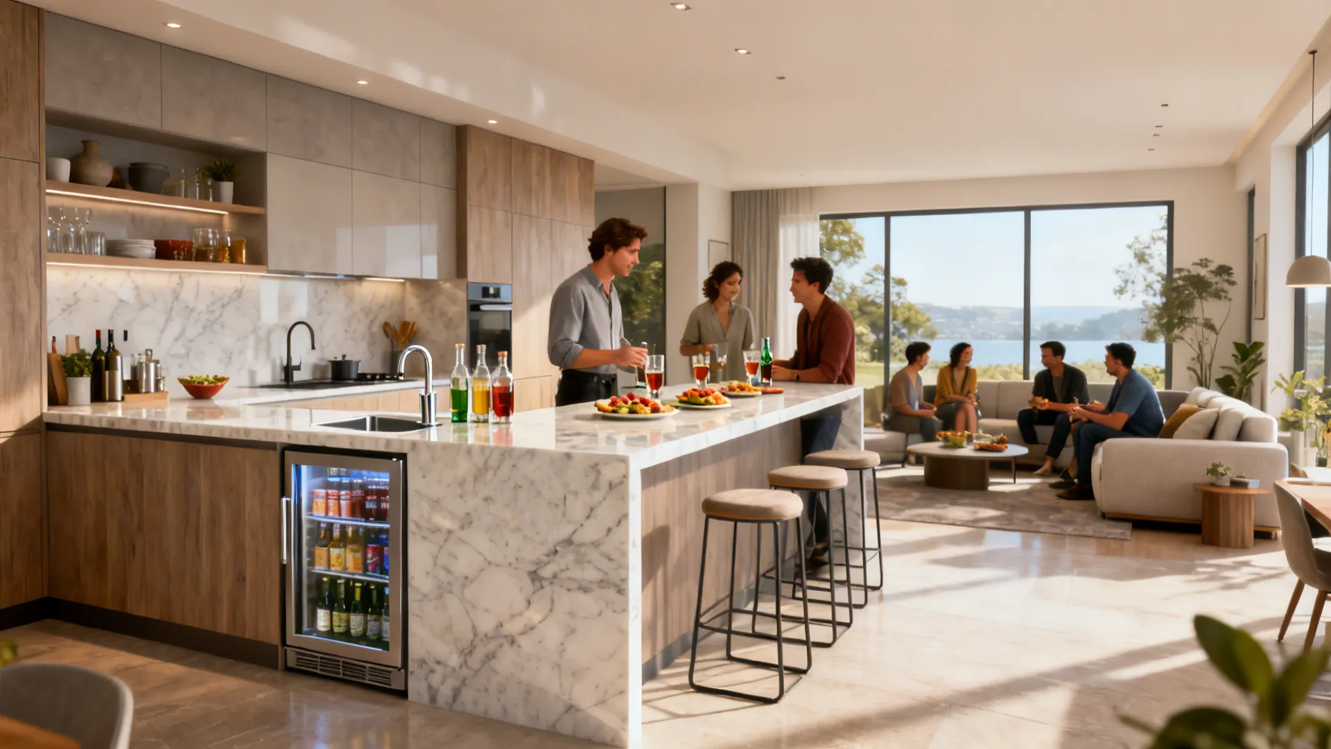 Open-plan countertop wet bar extending from kitchen with small sink and beverage fridge