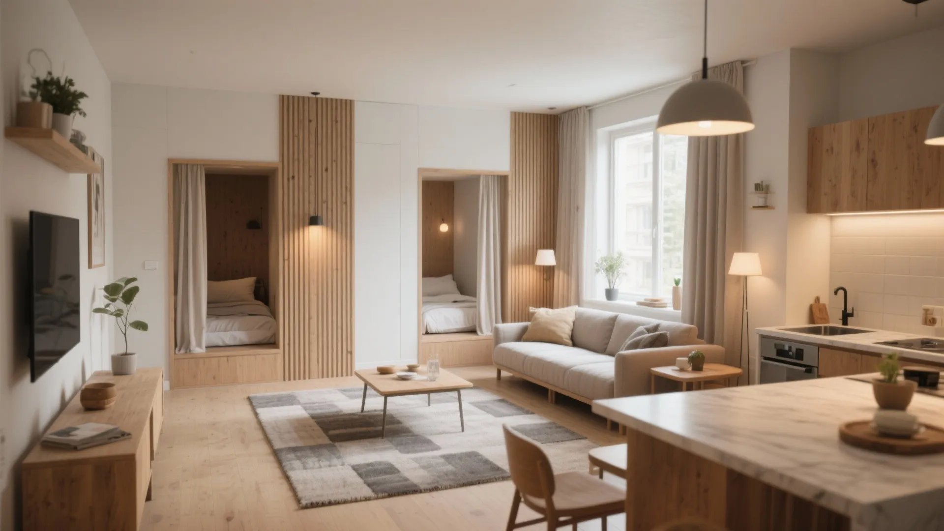 Open-plan living, kitchen and dining with two private bedroom nooks separated by a slim partition.