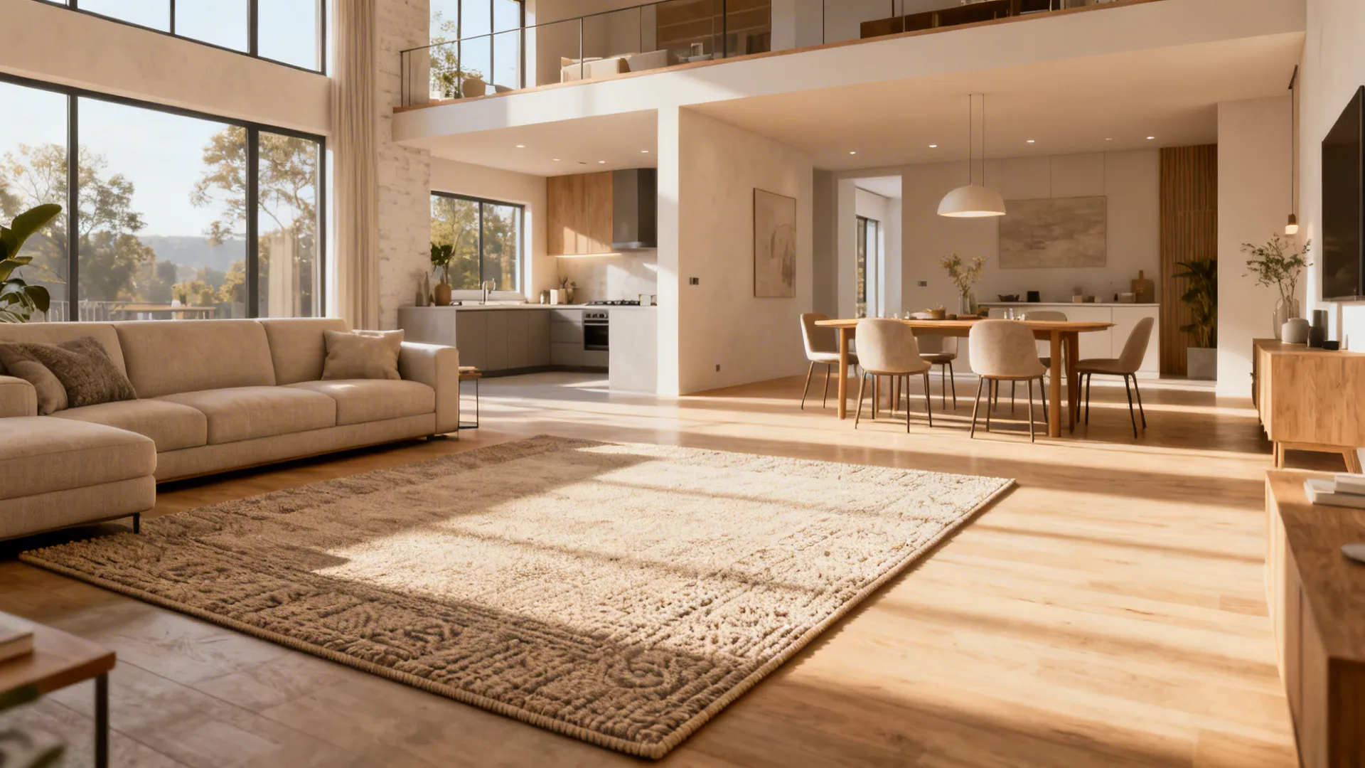 Open-plan loft with an 8x10 textured rug marking the living area beside a bright dining set.