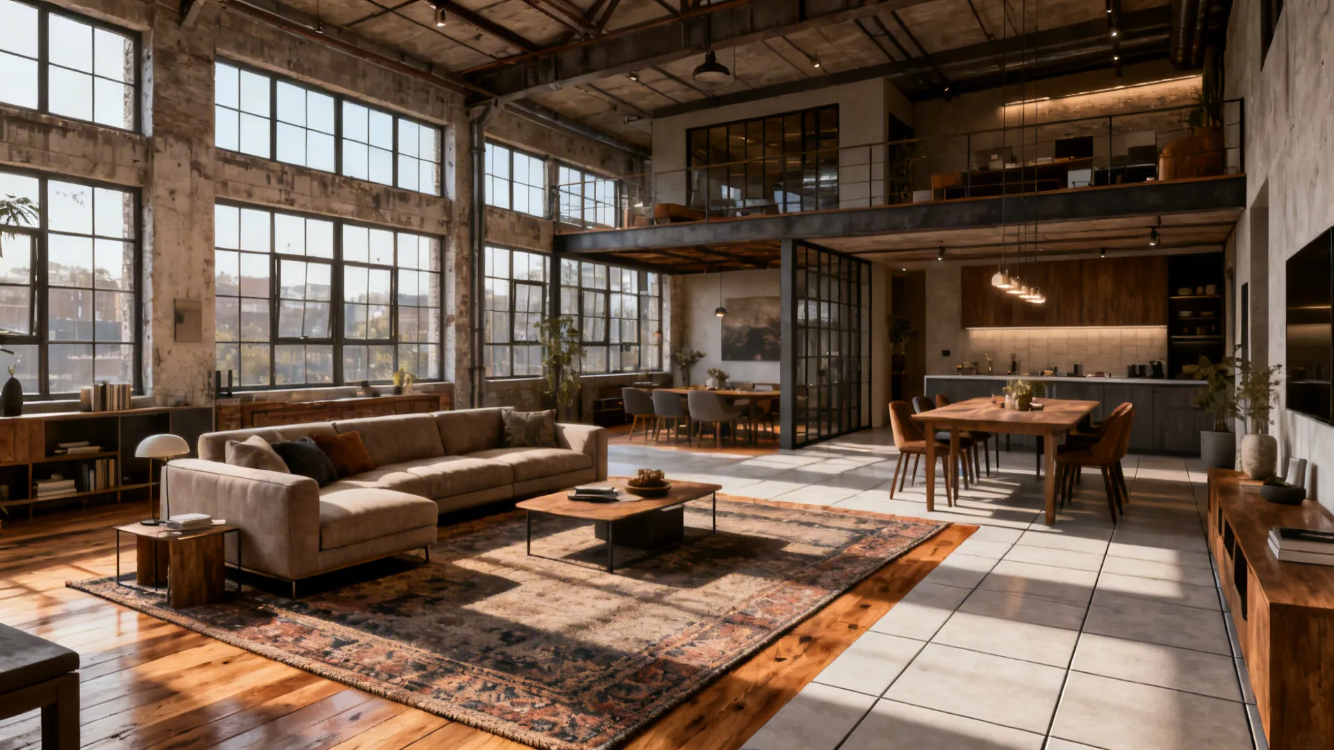 Open-plan loft with a 10x12 rug under a sectional clearly defining the living area from dining.