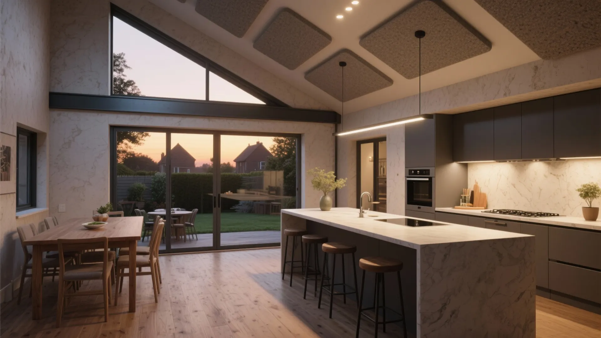 Open-plan kitchen-diner with a slim steel beam and acoustic panels opening to the garden.