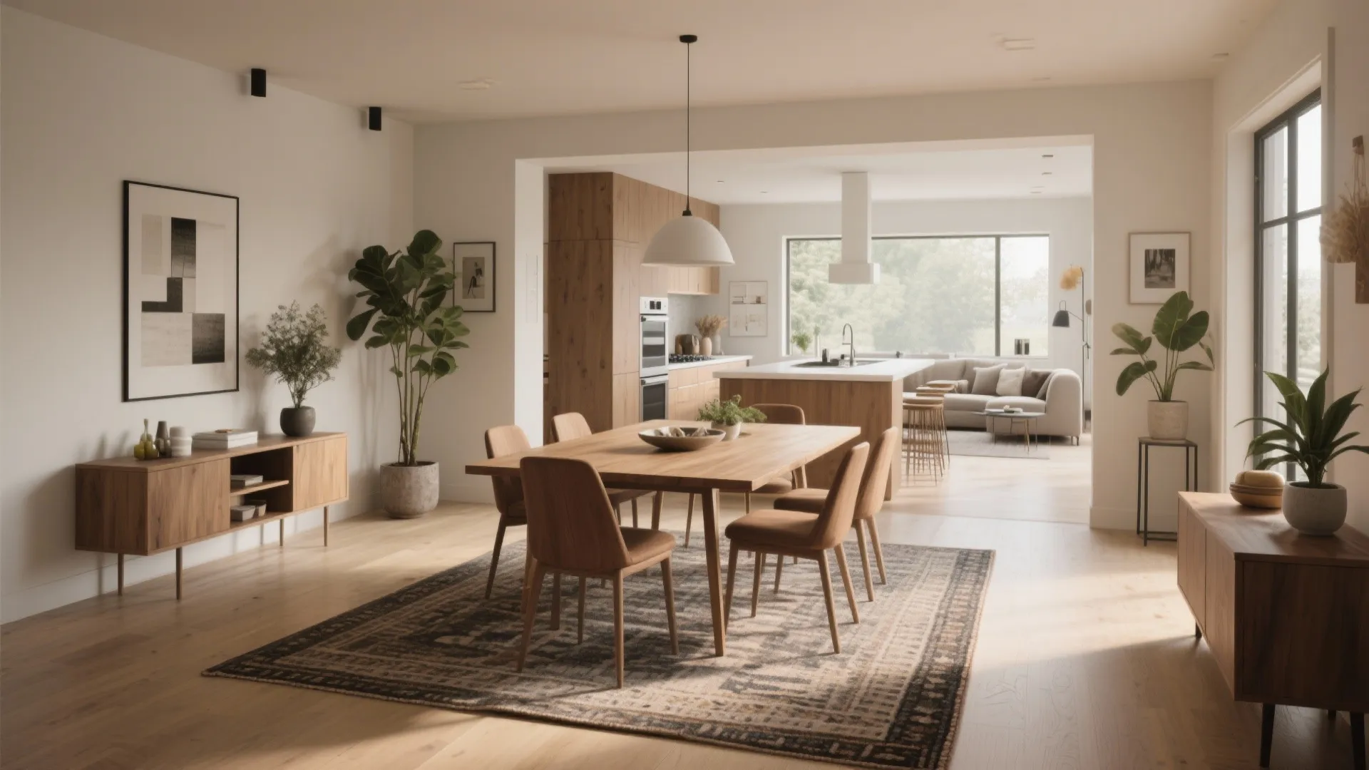 Modern open dining area with wooden table chairs patterned rug cabinet plants and bright kitchen background