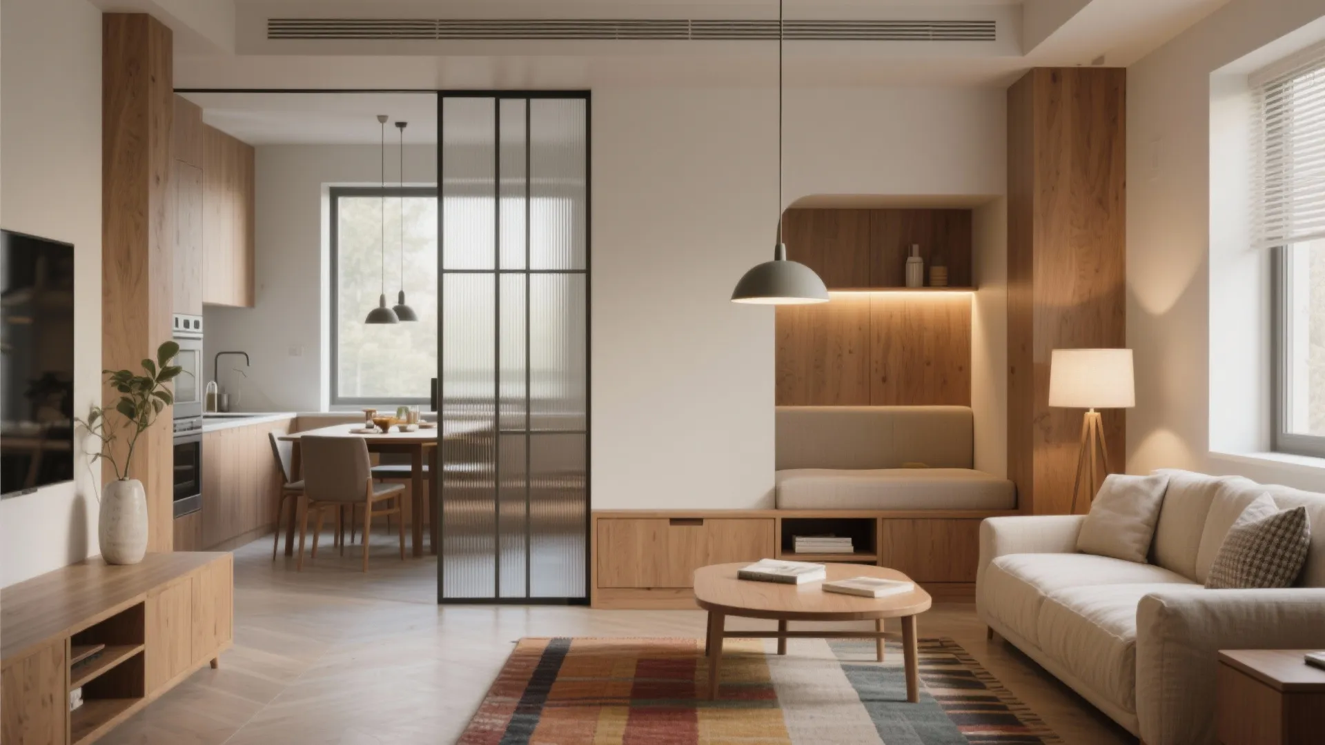Modern living room and open kitchen with glass partition wooden furniture sofa and ceiling light