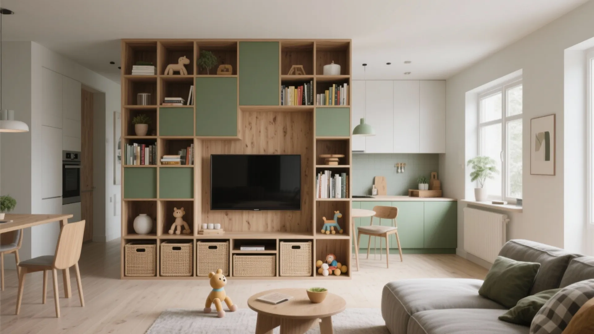 Open-plan living and kitchen with a low bookcase acting as a zone divider and storage.