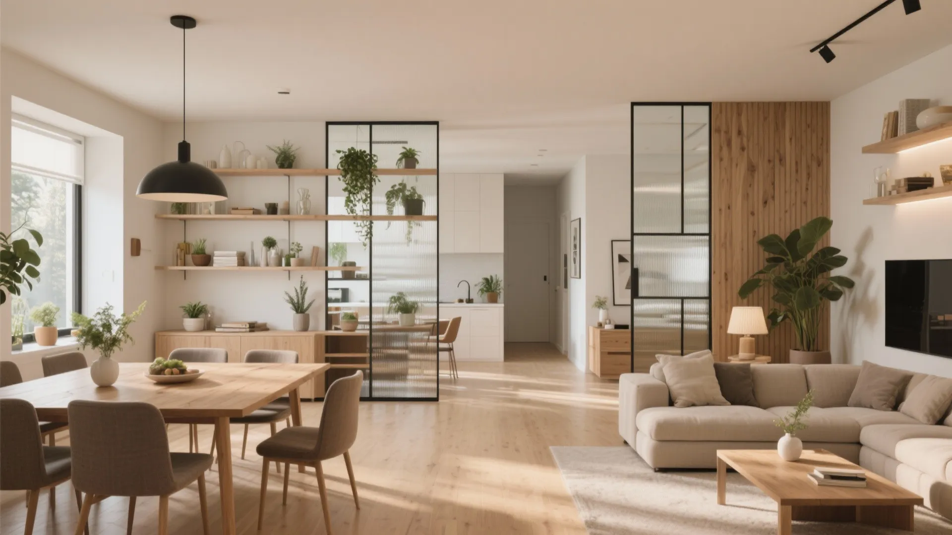 Open plan living room with glass dividers wooden wall panel dining table and beige sofa