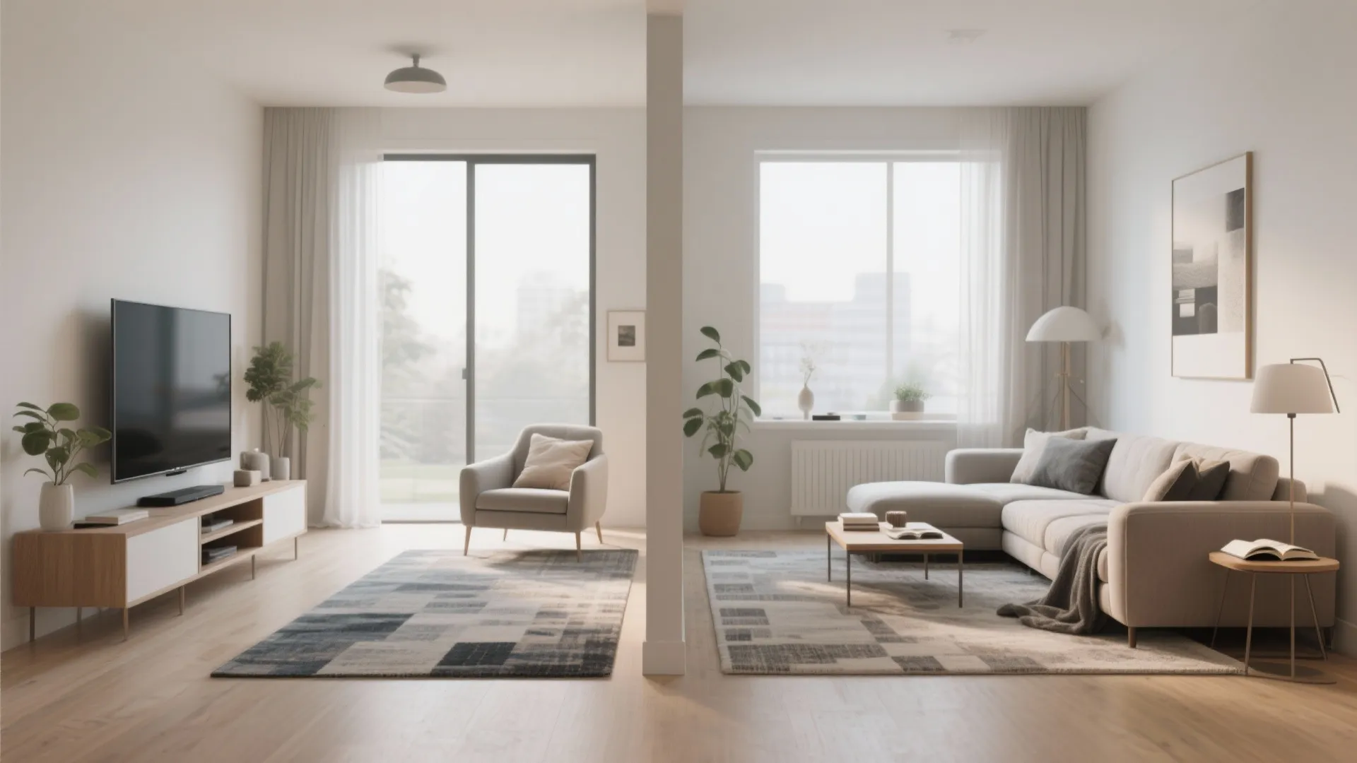 Modern open plan living room divided into two zones with grey rugs sofa and TV