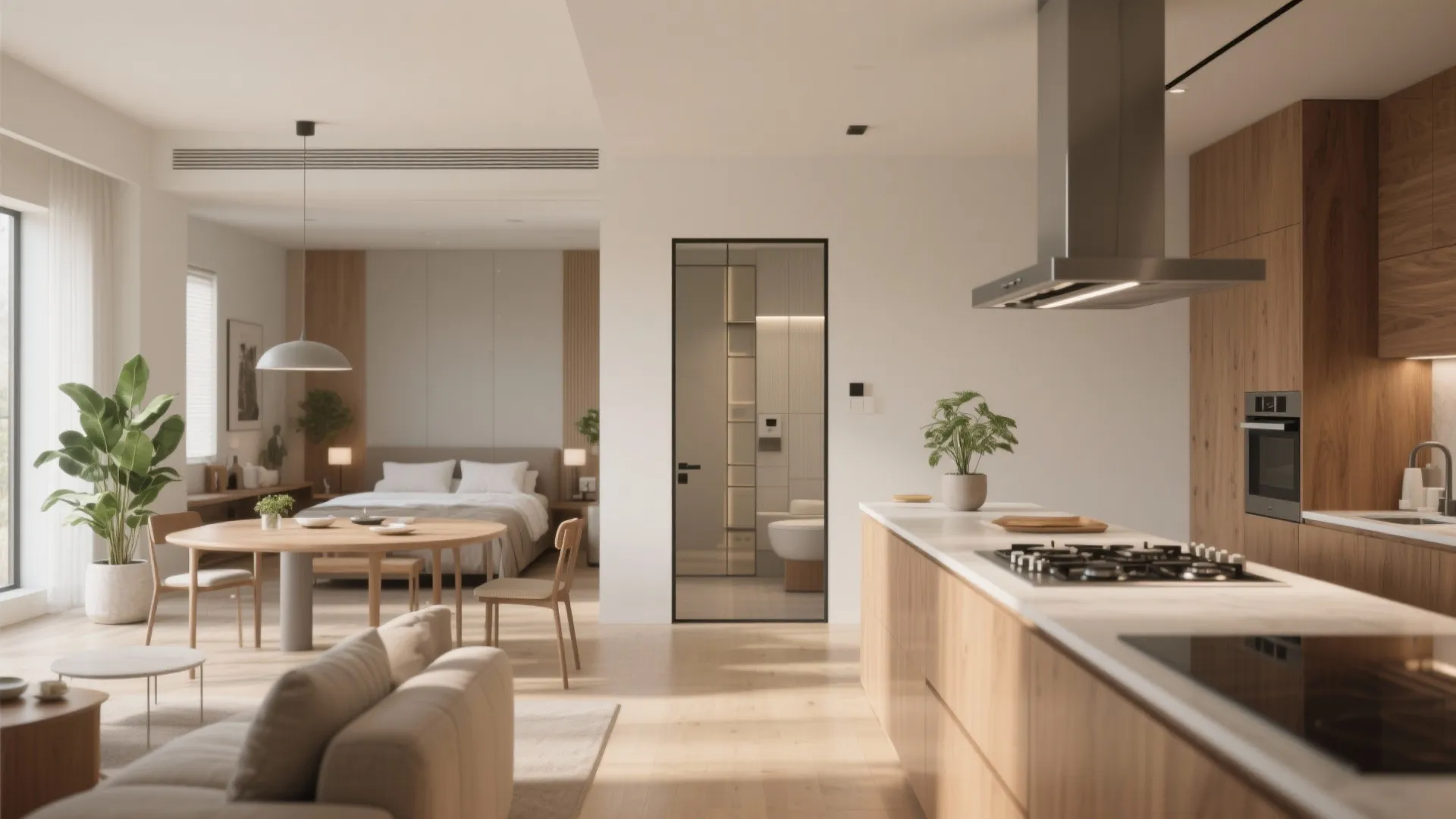 Open plan living space with kitchen island dining table wooden furniture and view of bedroom
