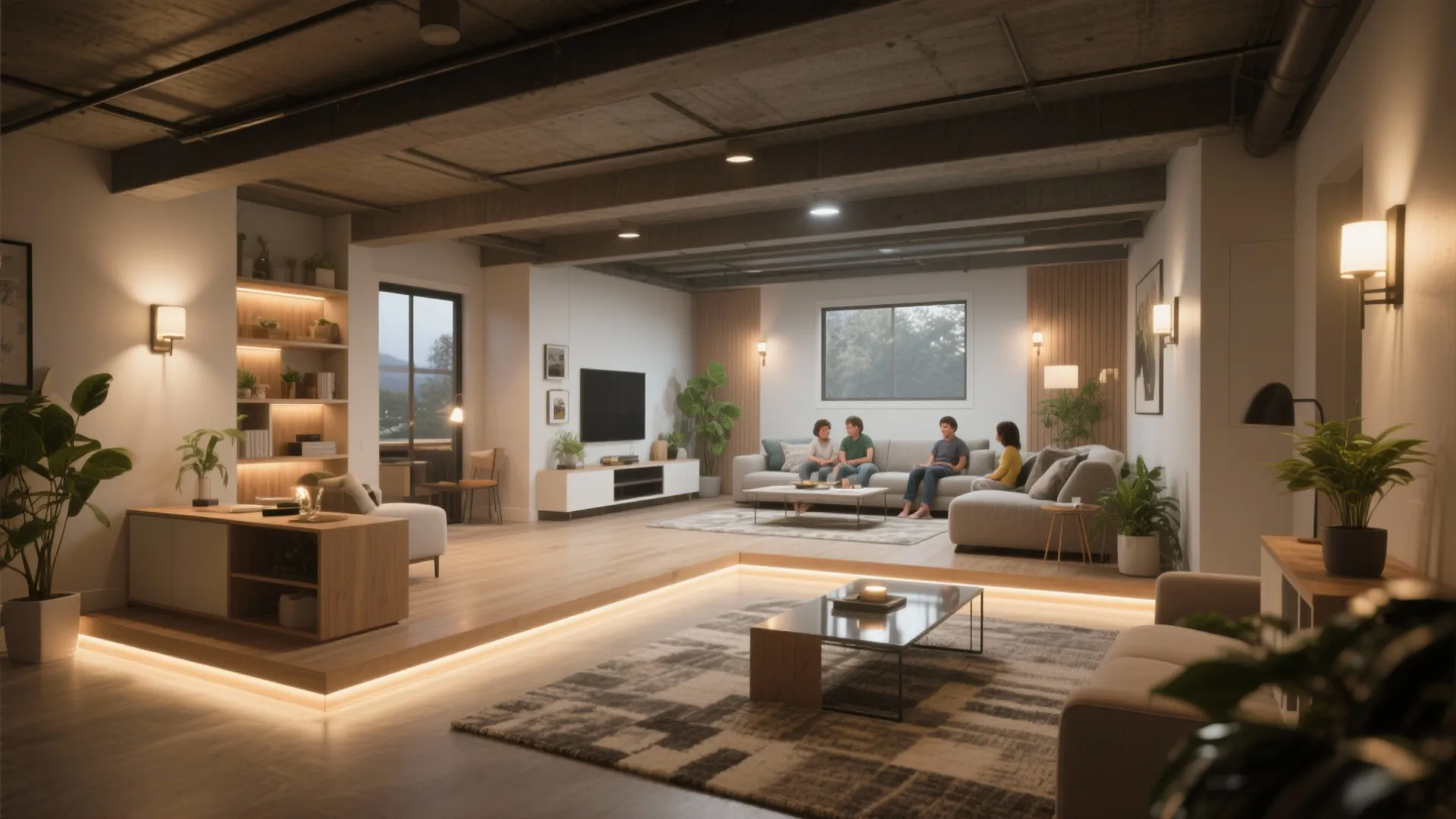 1. Open-plan family zone with layered lighting