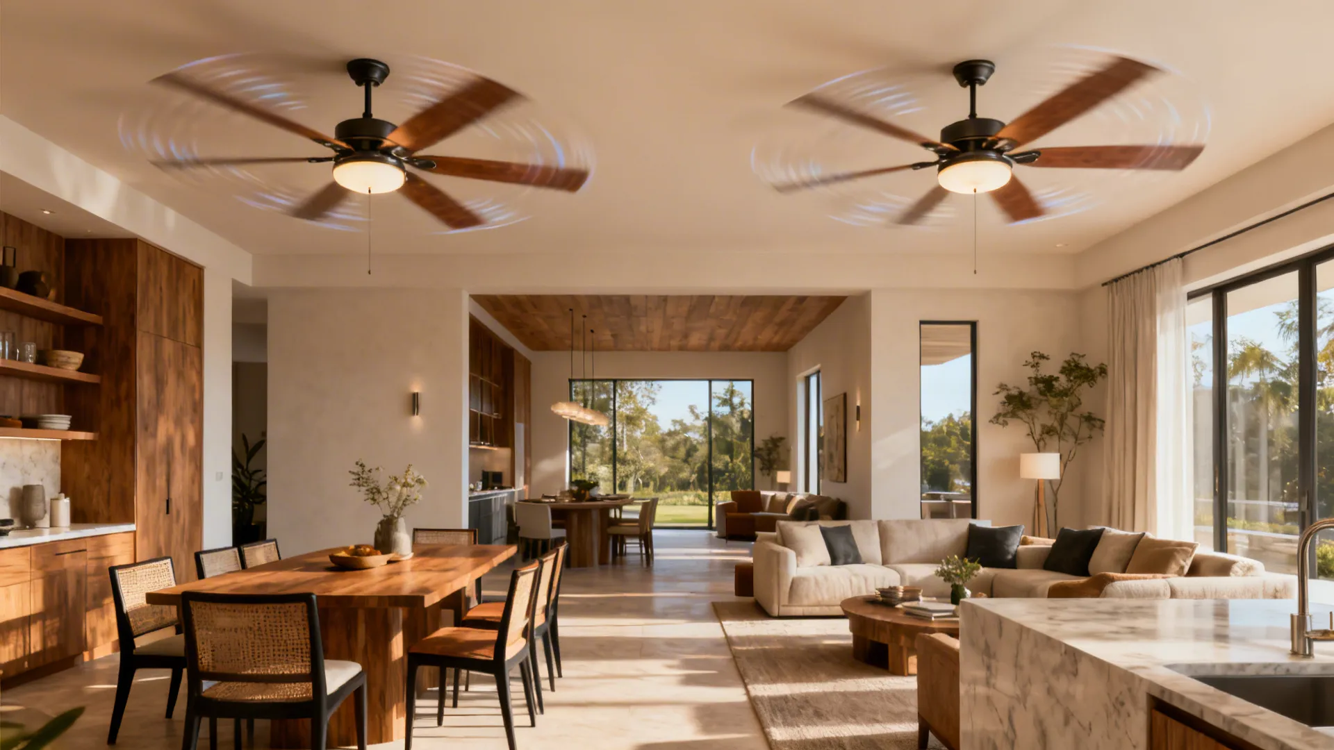 Open-plan living and dining area with two synchronized 42-inch ceiling fans providing balanced airflow.