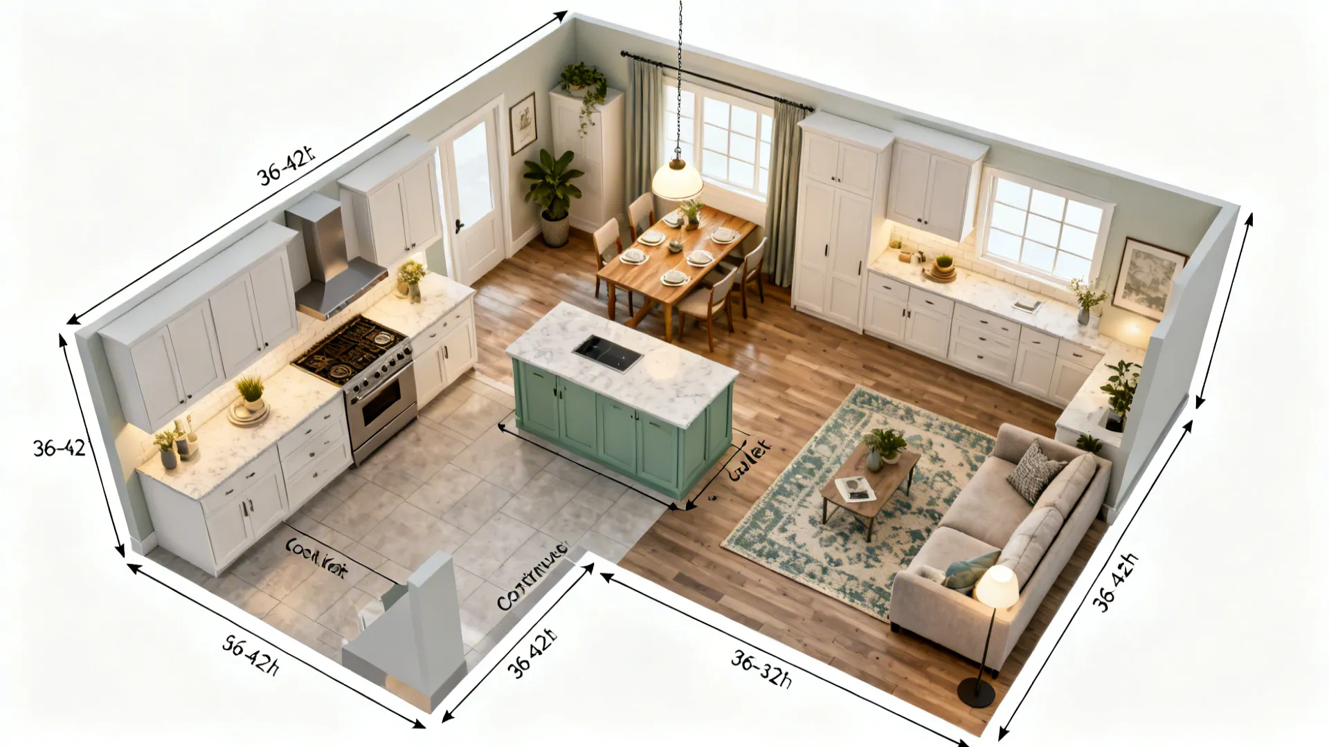 3D interior design drawing of a kitchen and living room layout with clear measurement labels