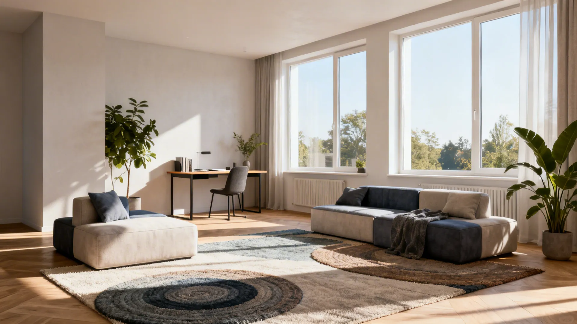 Open-plan living space with modular seating and a small home office corner.