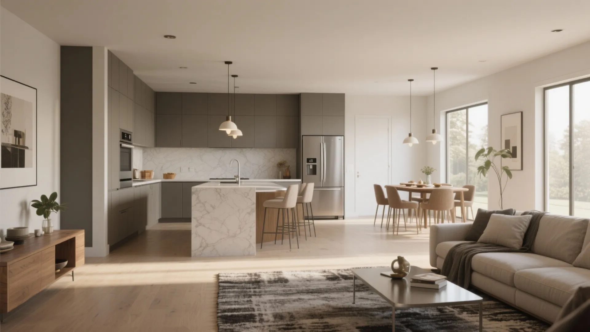 Open-Plan Flow with Smart Zoning (Living + Dining + Kitchen)