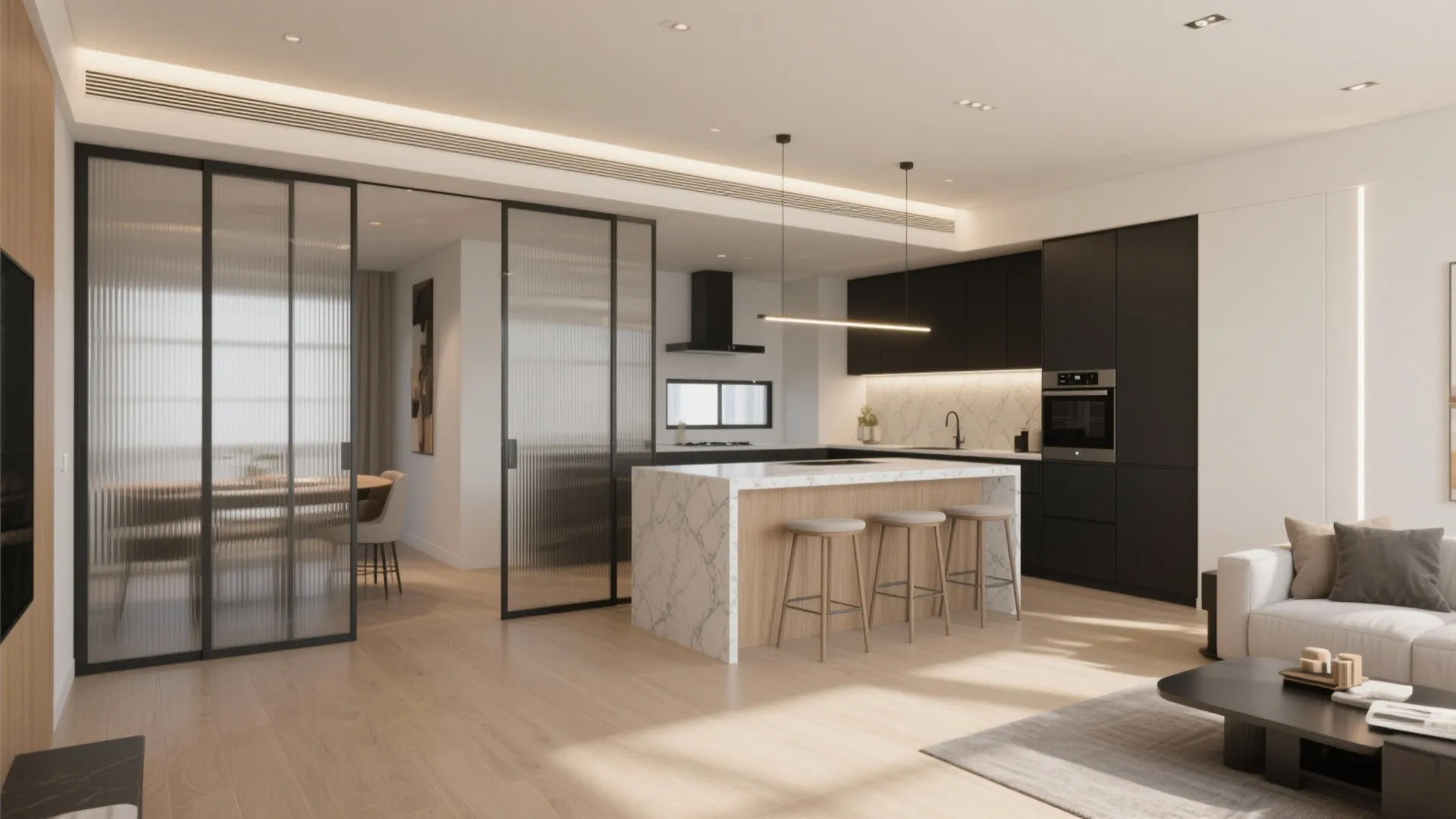Open-plan living-dining flow to stretch sight lines