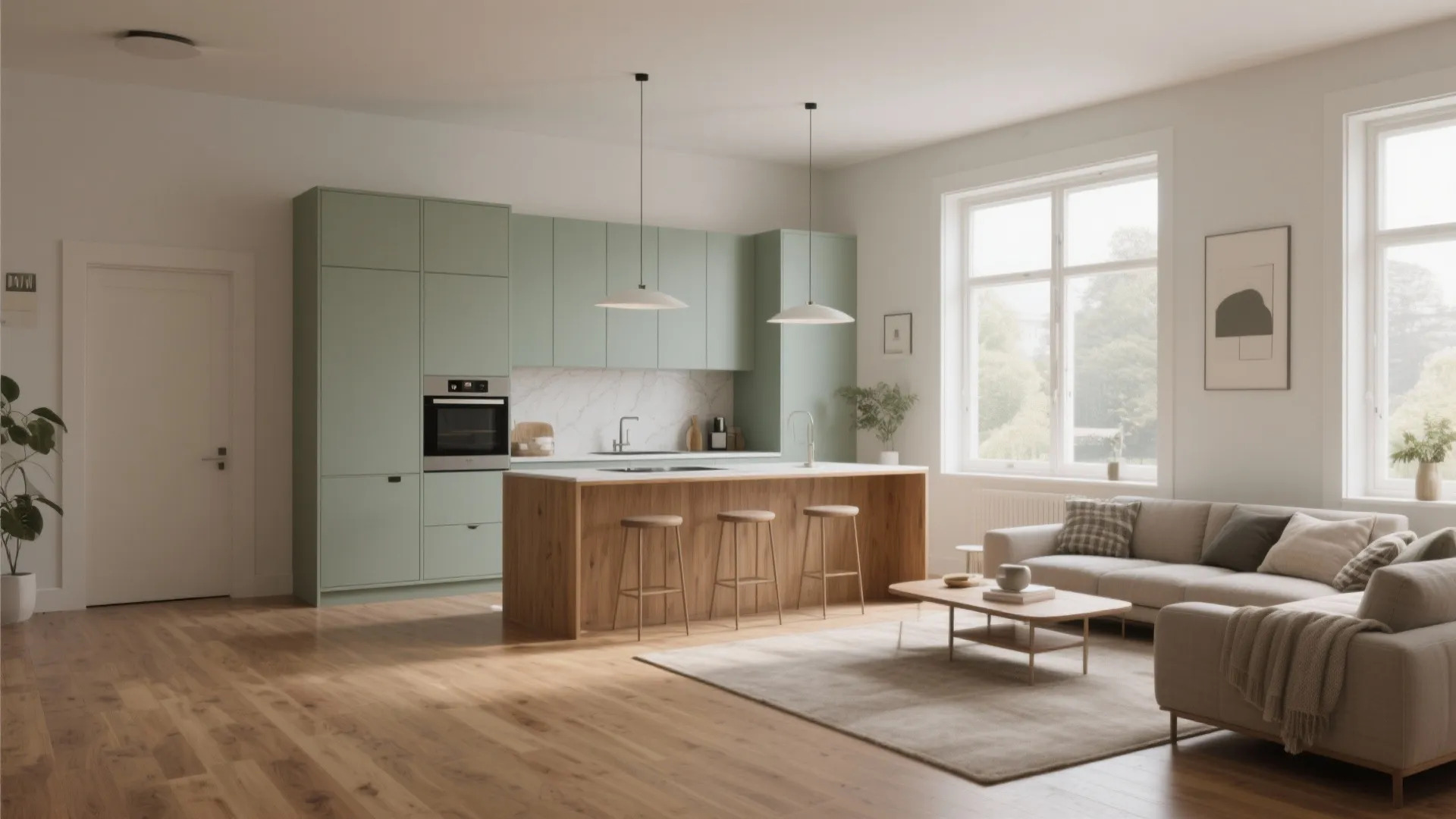 Modern open plan kitchen with green cabinets wooden island beige sofa and natural light from windows