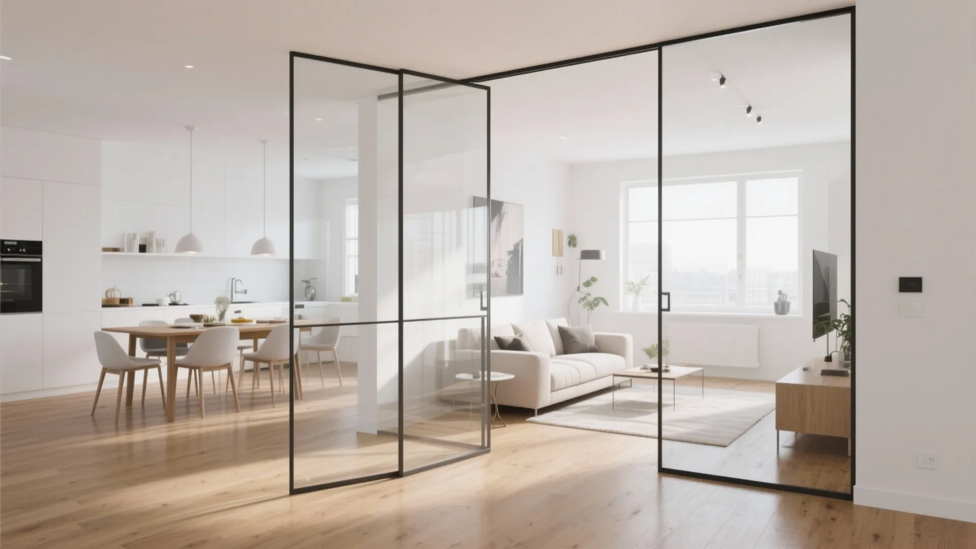 Open plan home with glass wall divider between dining area and living room wooden floor