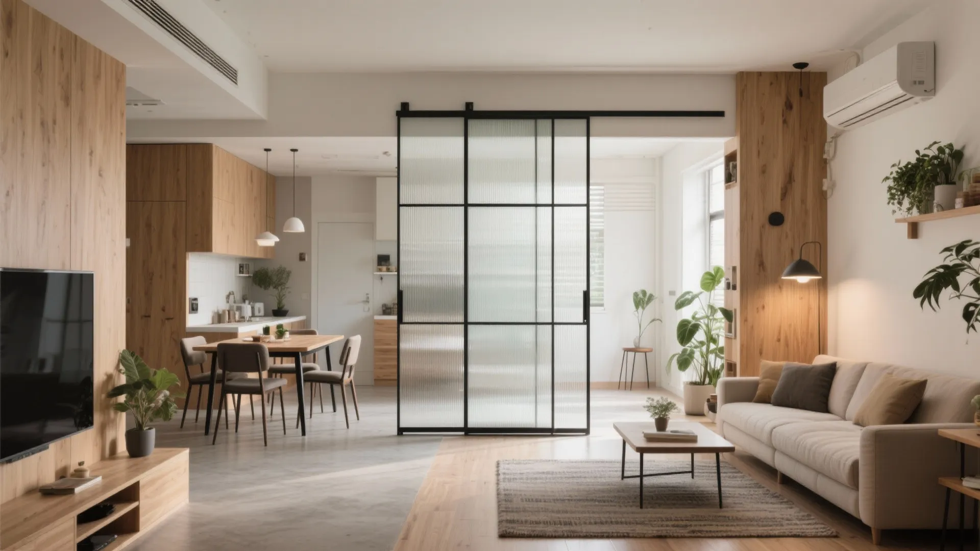 Open-plan living–dining with a sliding glass partition