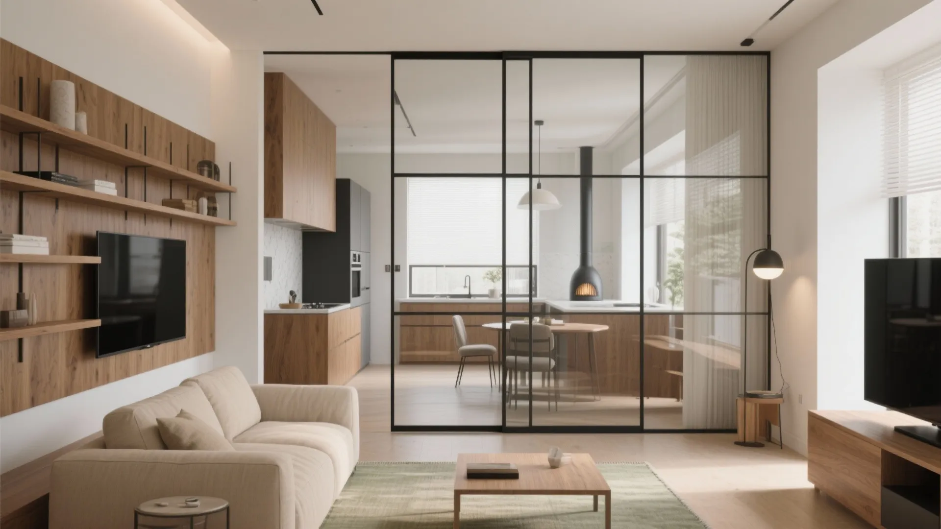 Airy open-plan living with a sliding glass divide