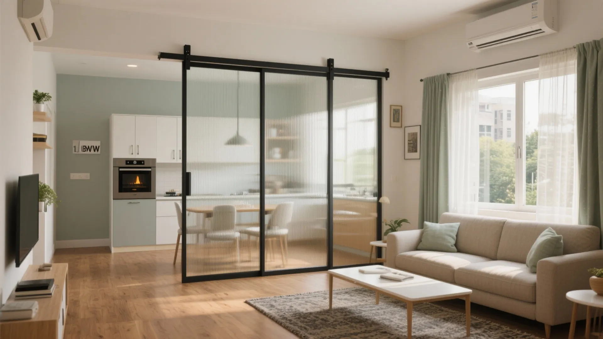 Open-plan living with a sliding glass partition