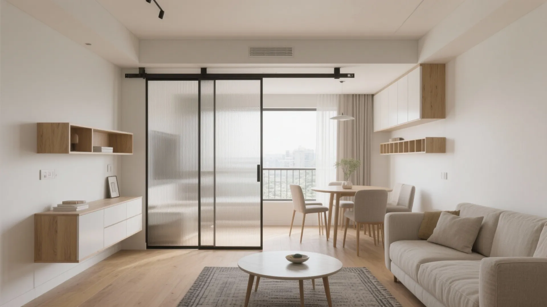 [Section: Inspiration List] 1) Open-plan living–dining with a sliding glass partition