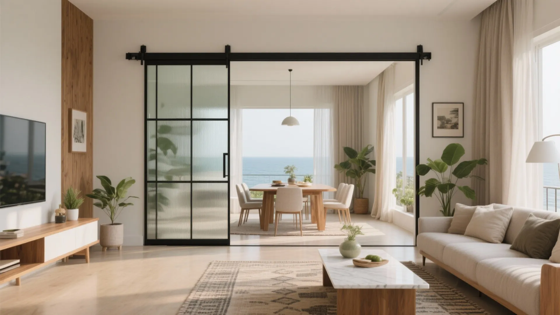 Airy open-plan living with a sliding glass partition