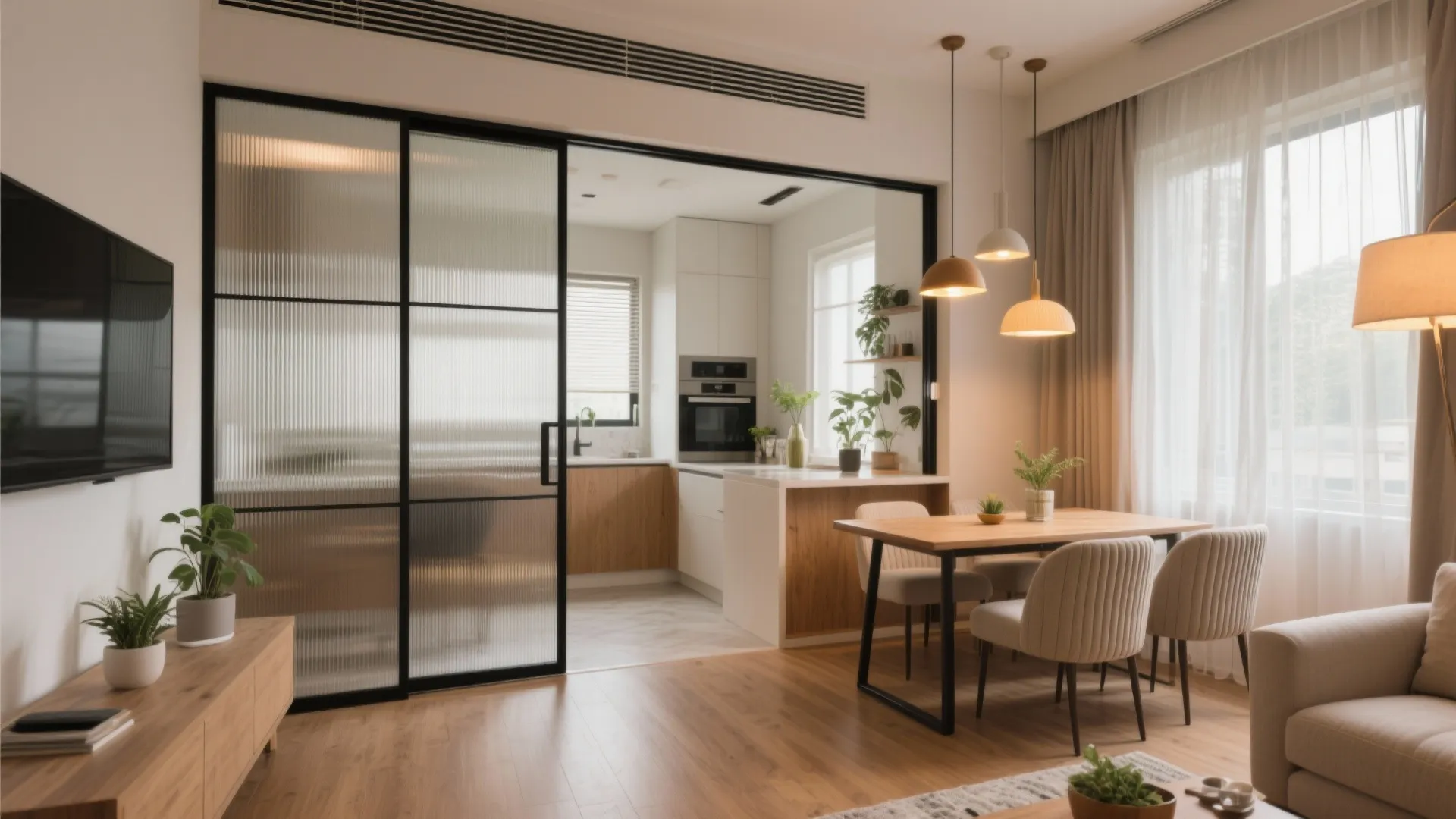 Open-plan living–dining with a sliding glass partition