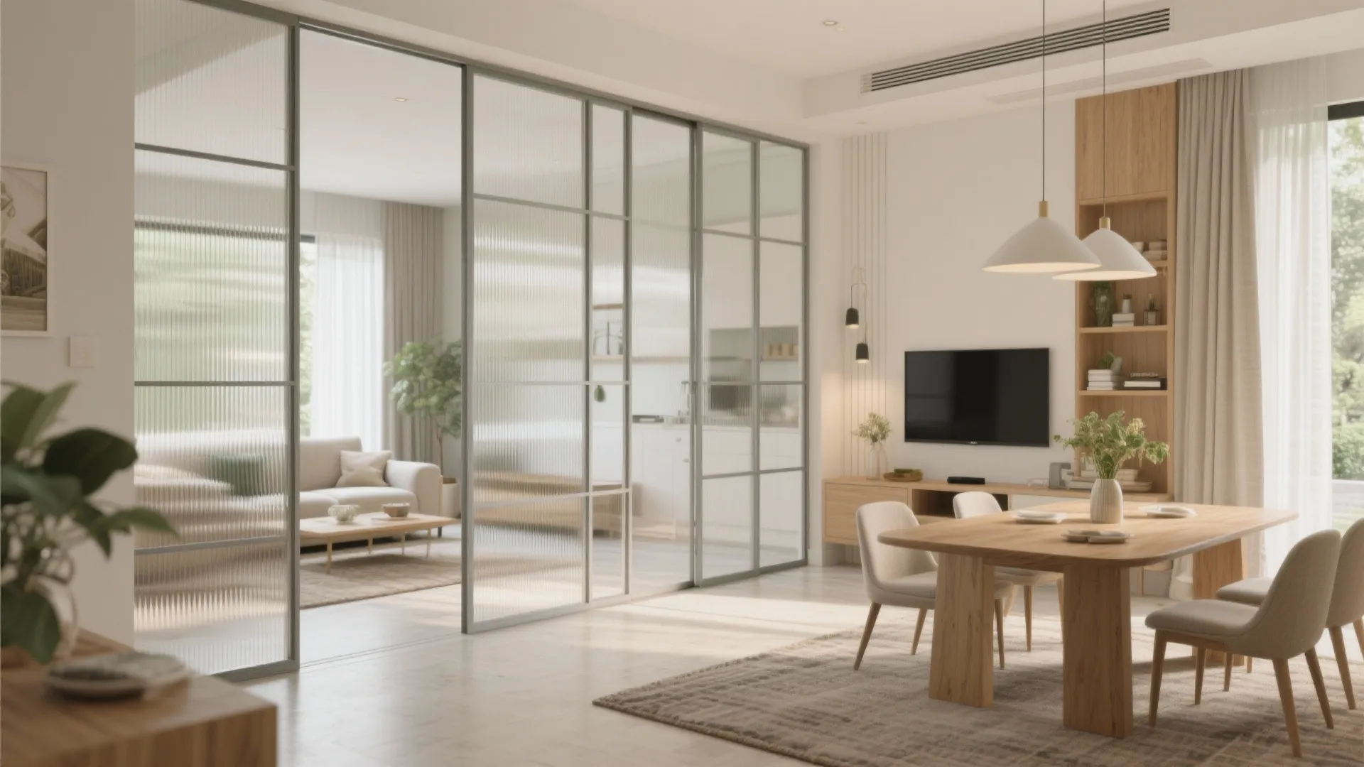 Zoned open-plan living with sliding partitions