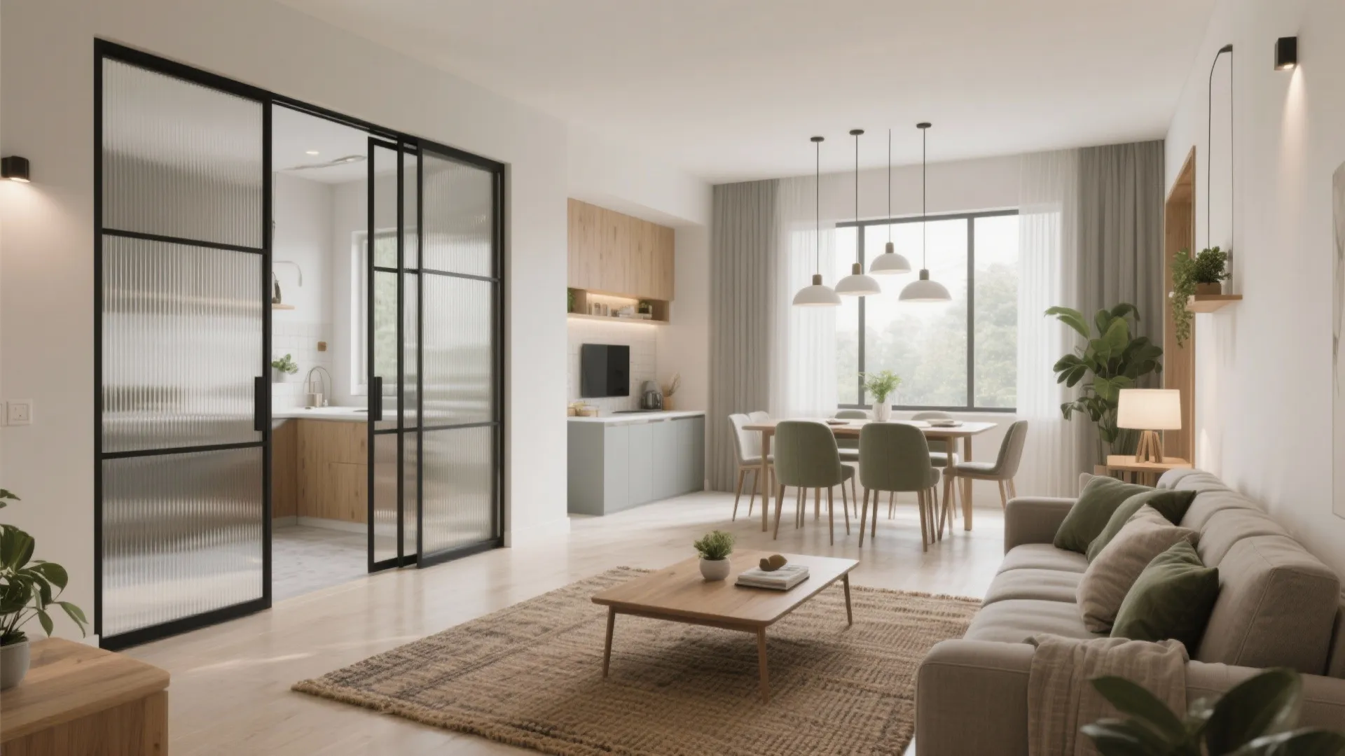 Open-plan living-dining with flexible partitions