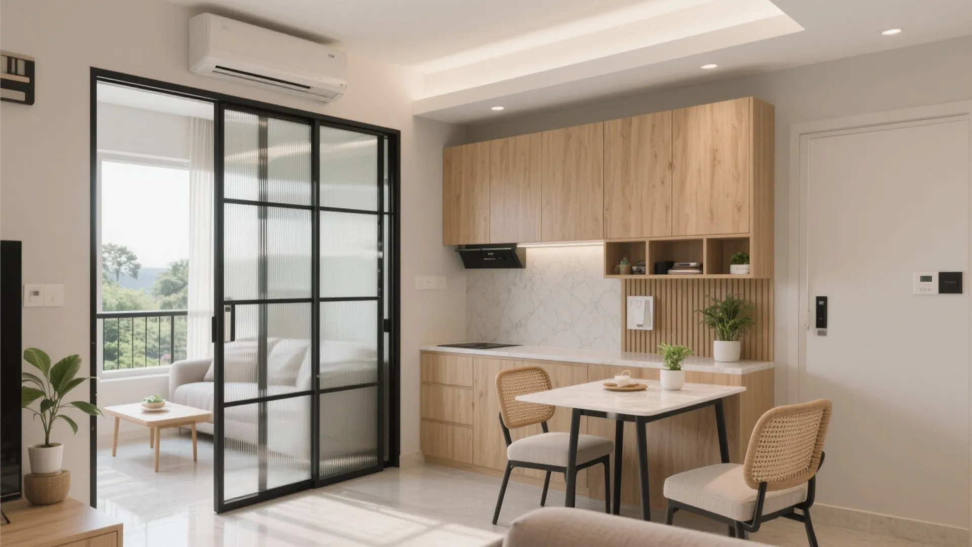 Open-plan living with a sliding glass partition