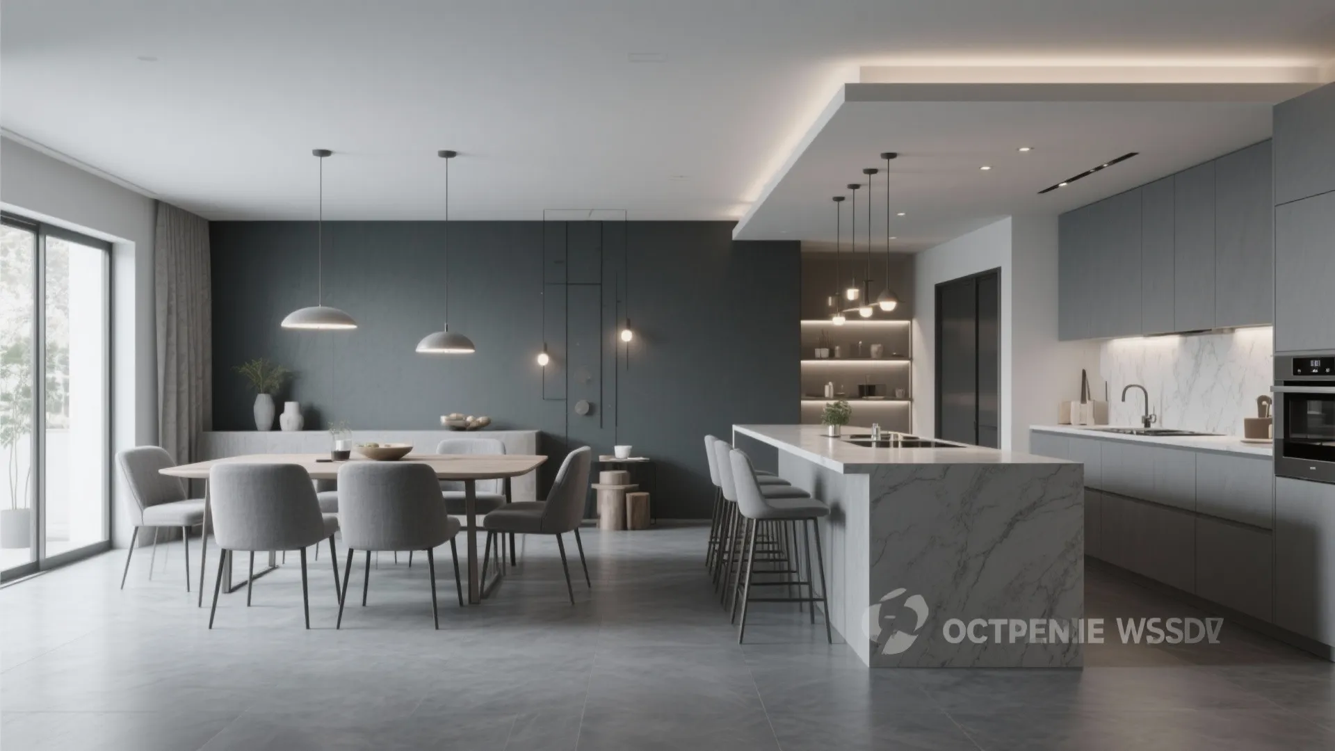 Open-plan dining and kitchen unified by a gray palette, continuous floor and differentiated lighting.