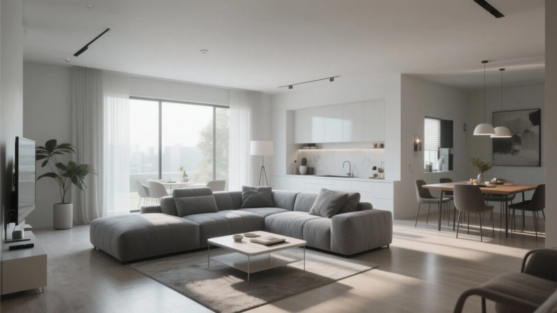 Grey sectional in open-concept living and dining space