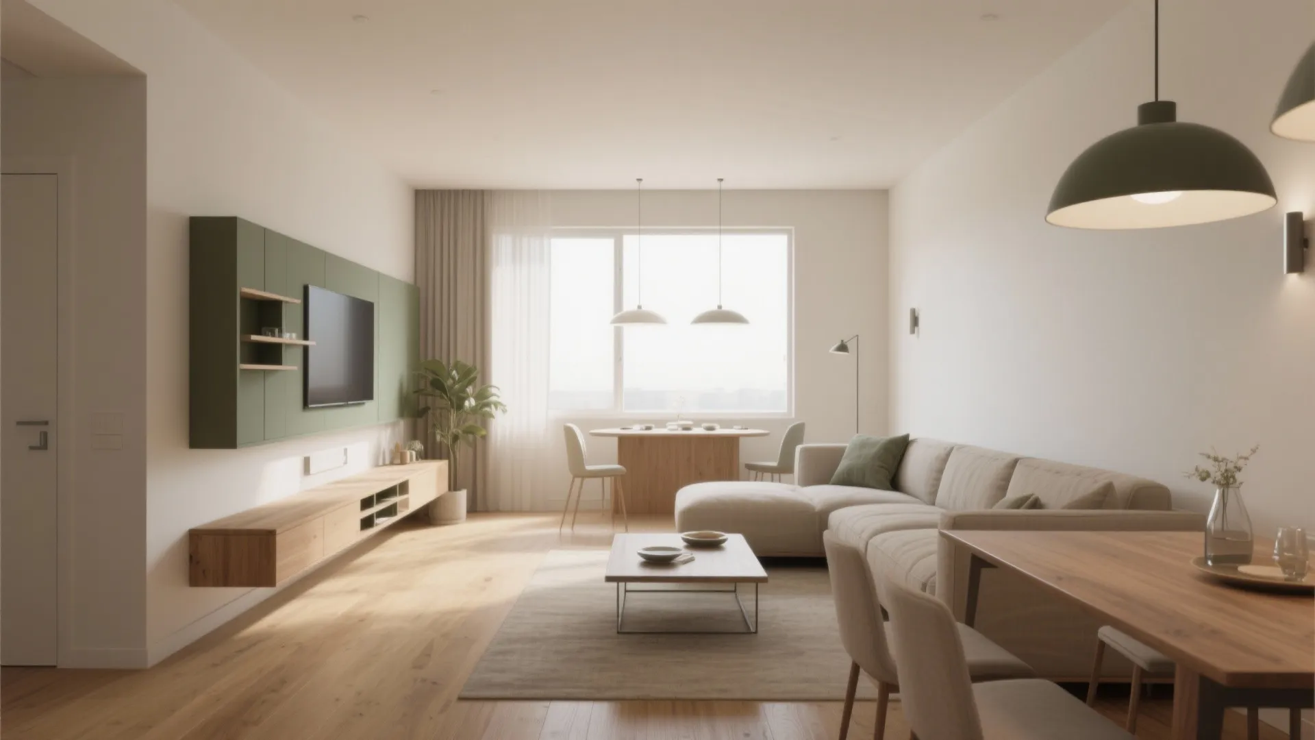 Modern open living room featuring beige sofa green wall panel wooden floor and large ceiling light