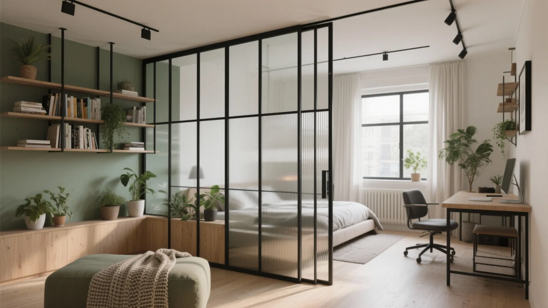 Glass wall divider separating a modern bedroom from a home office with desk and chair